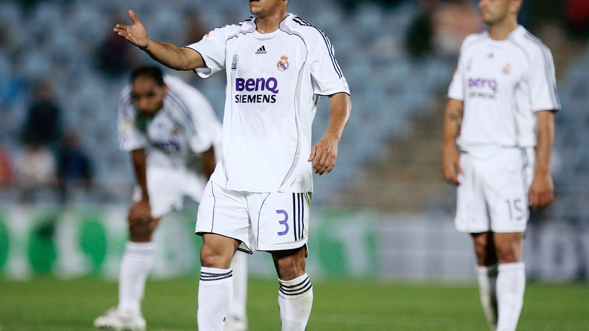 Football legend Roberto Carlos on the field in a middle of the game