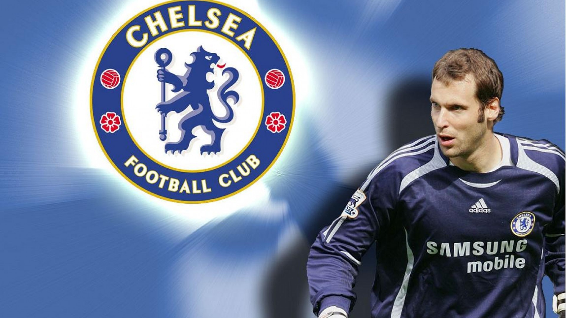 Игрок Челси Петр Чех на синем фоне
