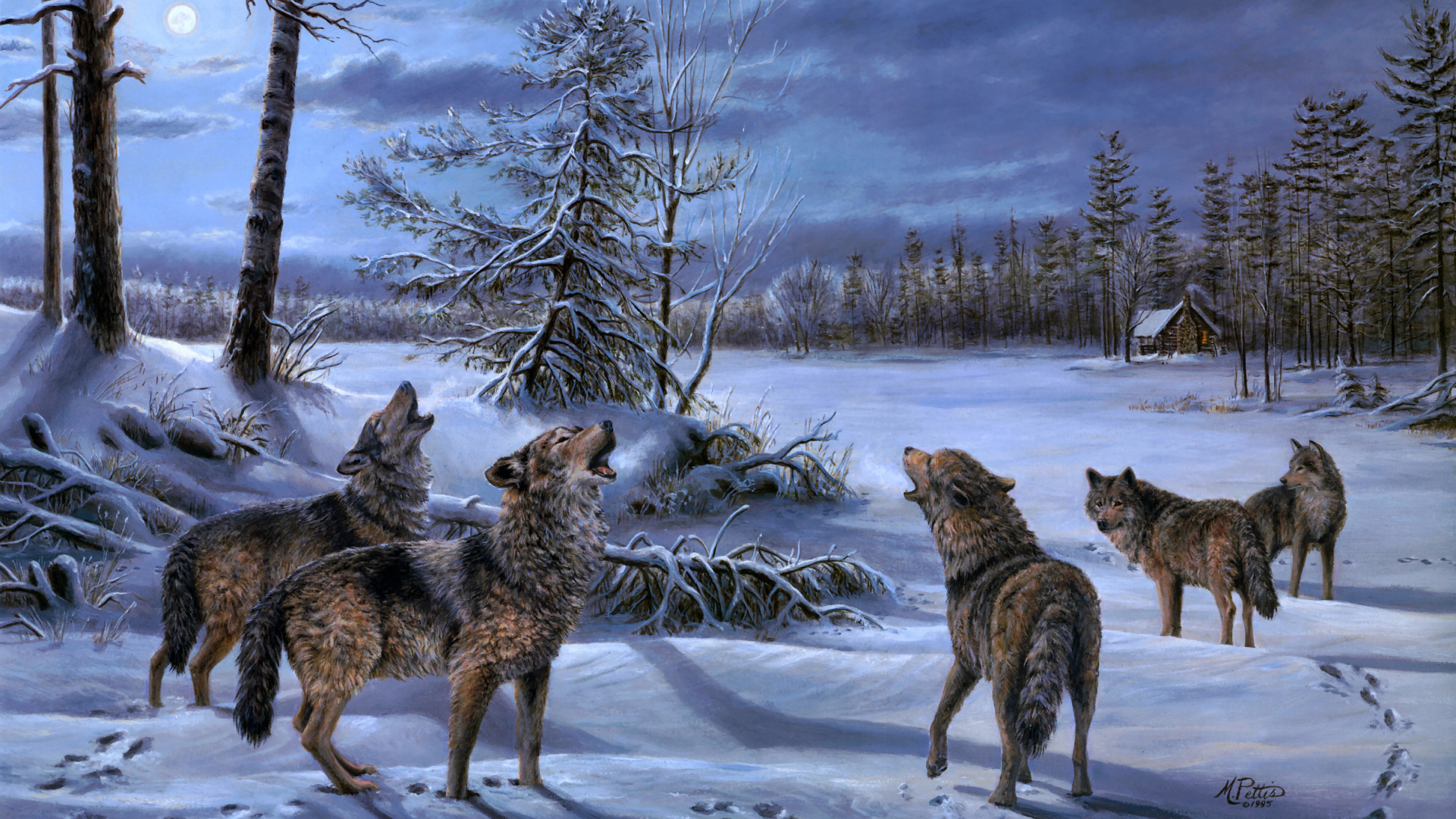 A pack of wolves moonlit night