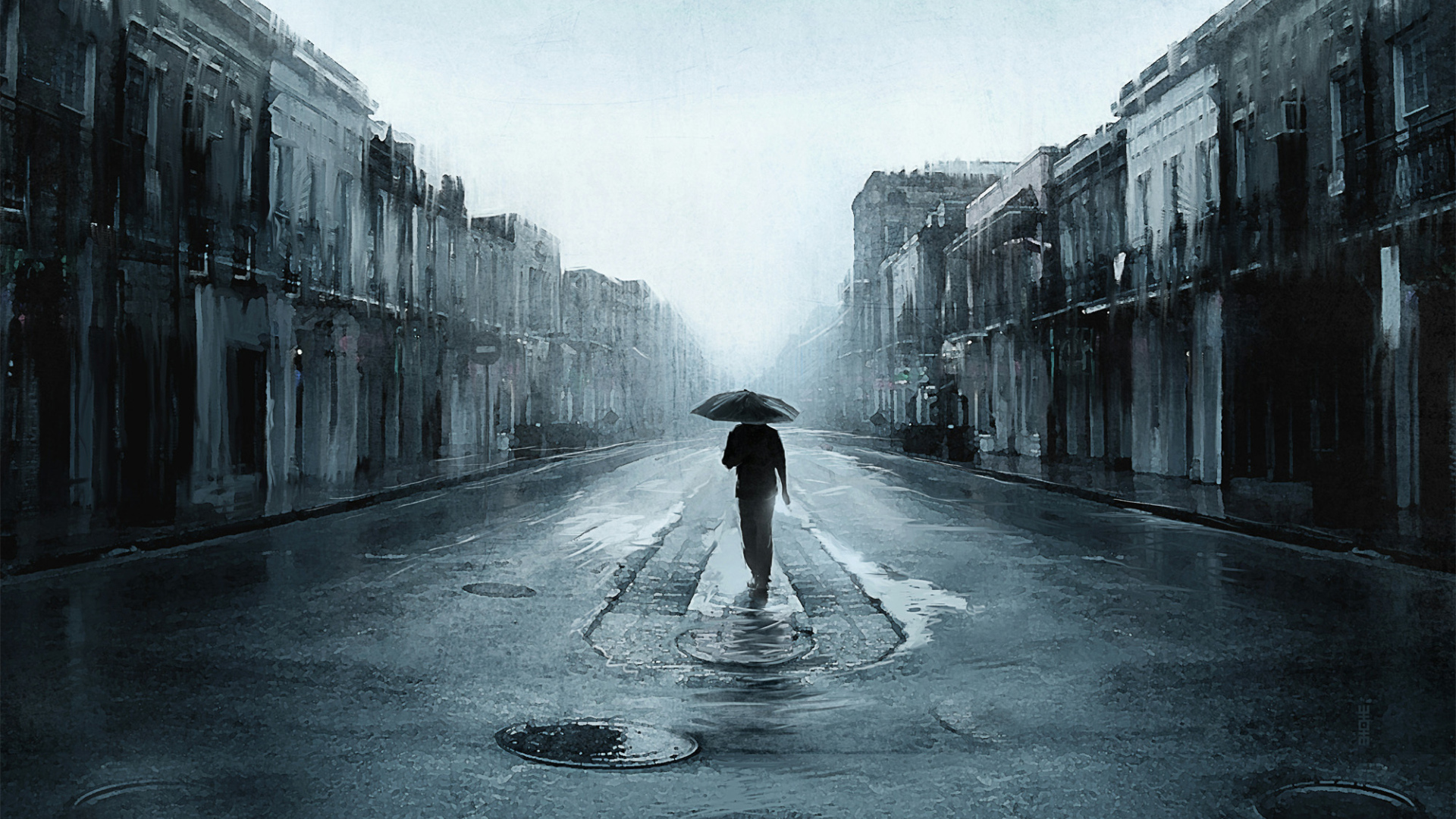 	   Lonely man under umbrella