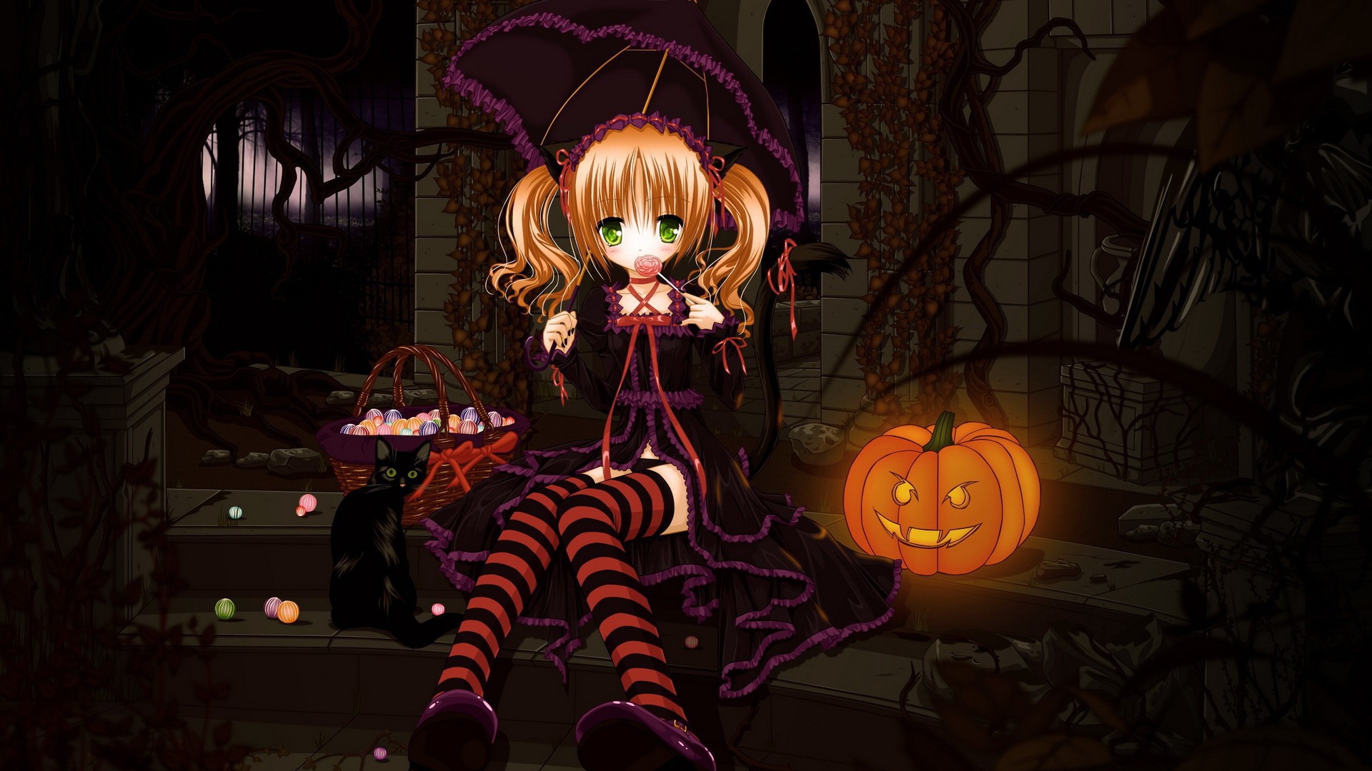 Девочка с зонтиком у тыквы