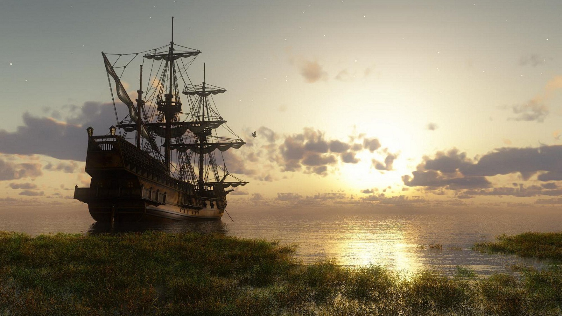 Старинный корабль у берега