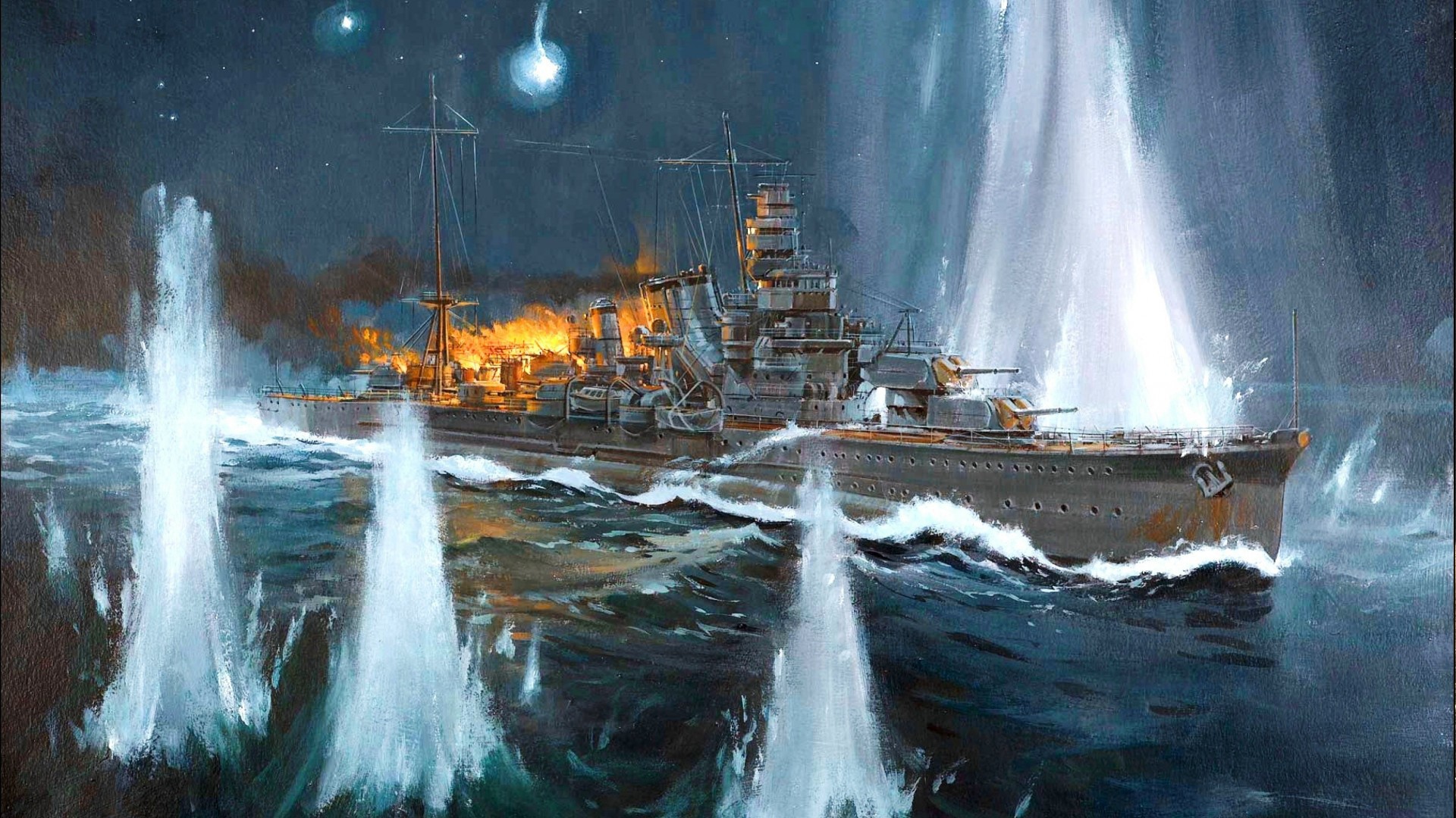 Горящий корабль в фонтанах