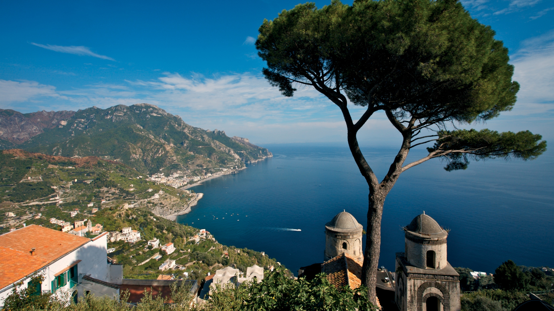 Дерево над городом на курорте в Амальфи, Италия
