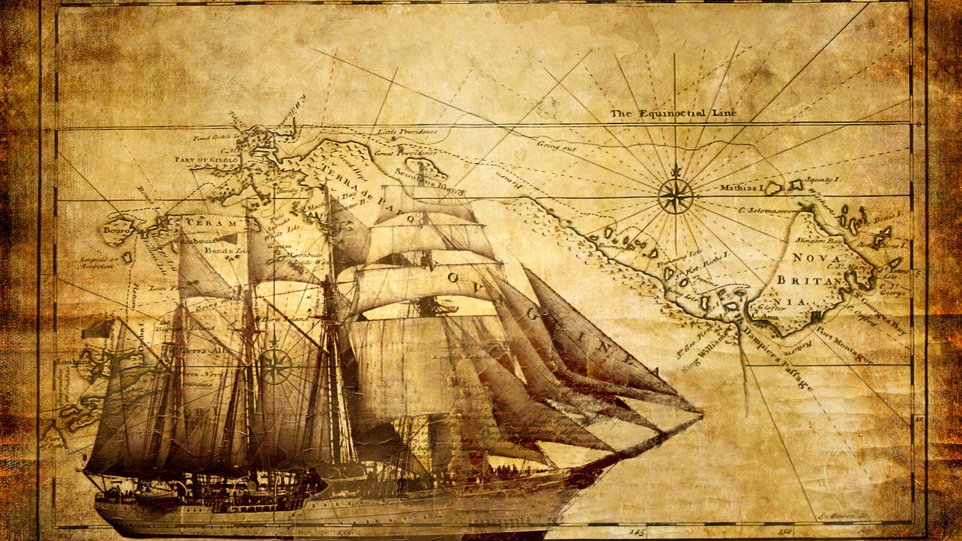 Старинный корабль и карта мореплавателя