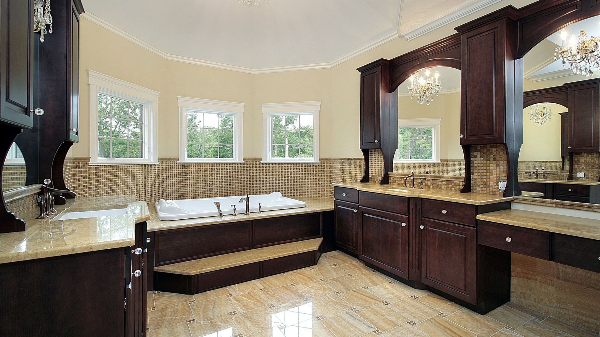 Просторная ванная комната в коричневых тонах