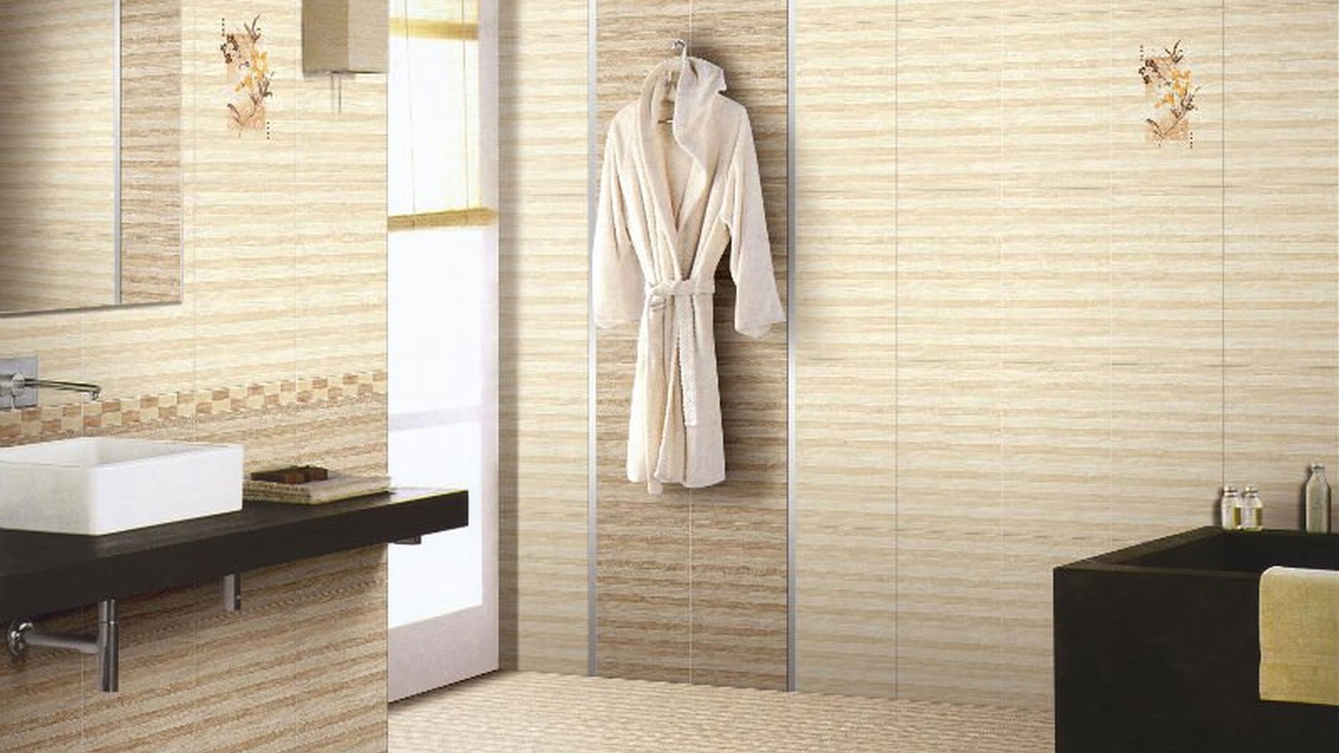 Кремовое оформление ванной комнаты