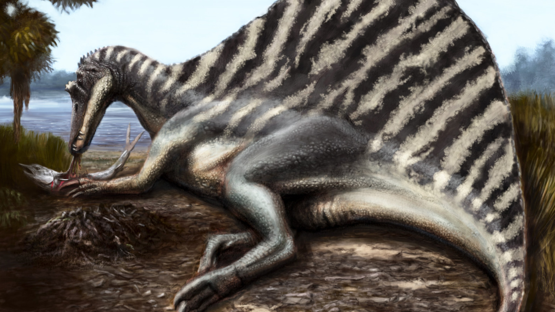 Обед динозавра на берегу реки