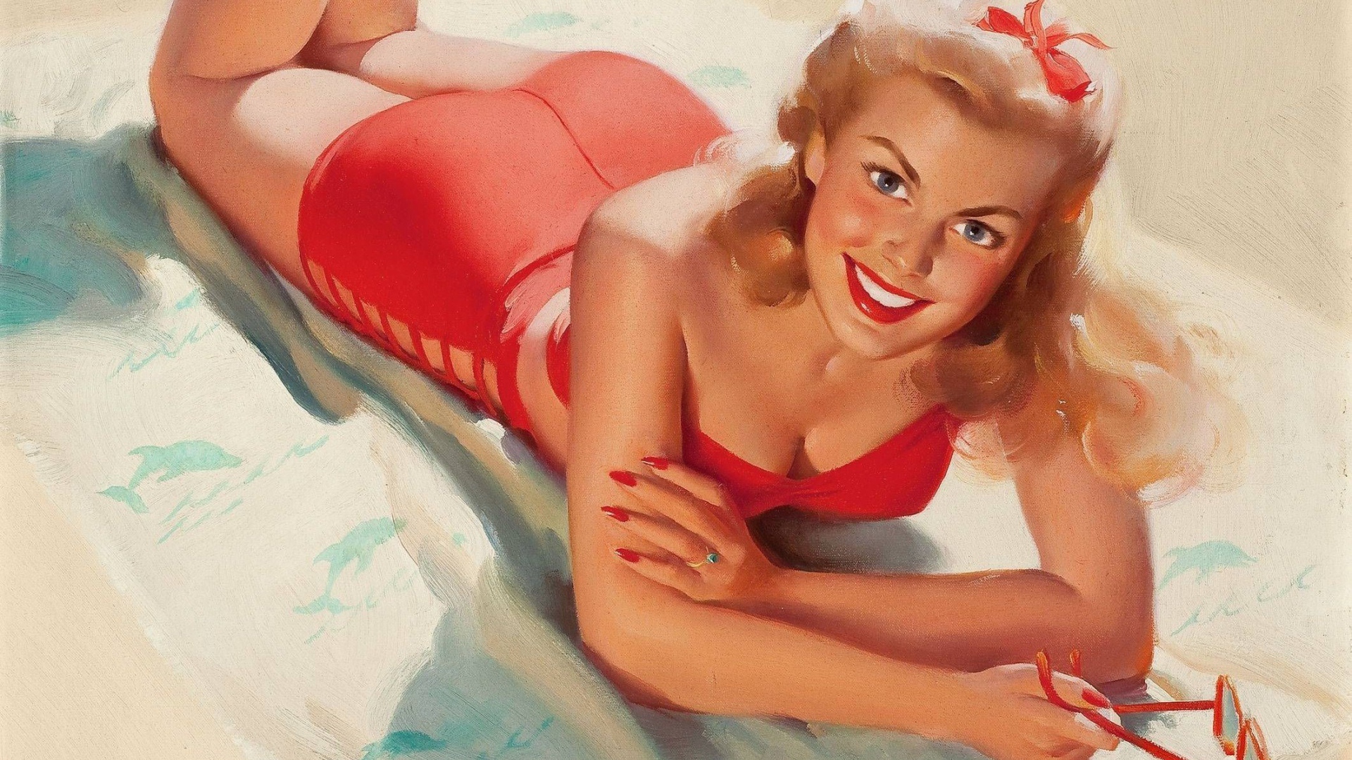 Девушка в красном купальнике, ретро