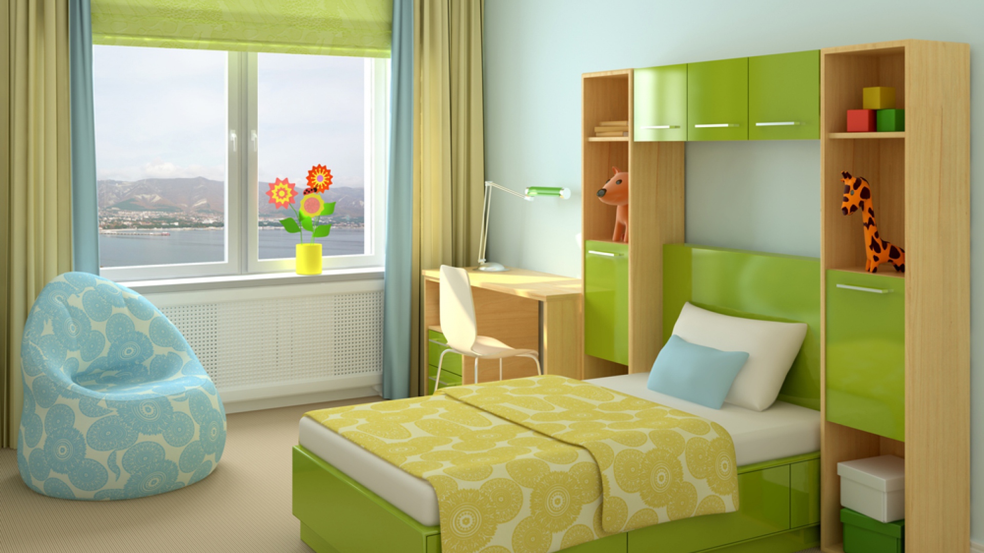 Зеленая кровать в детской комнате