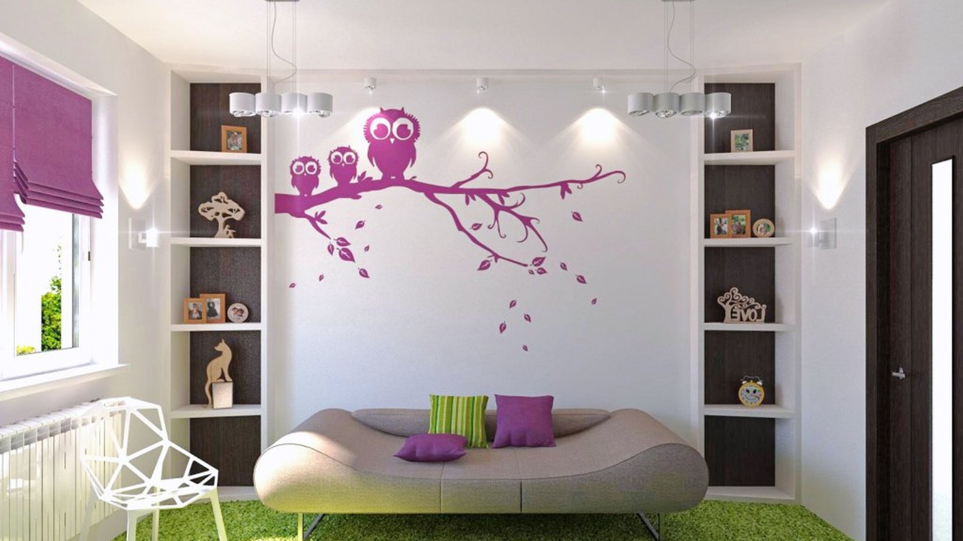 Сиреневая аппликация на стене в детской