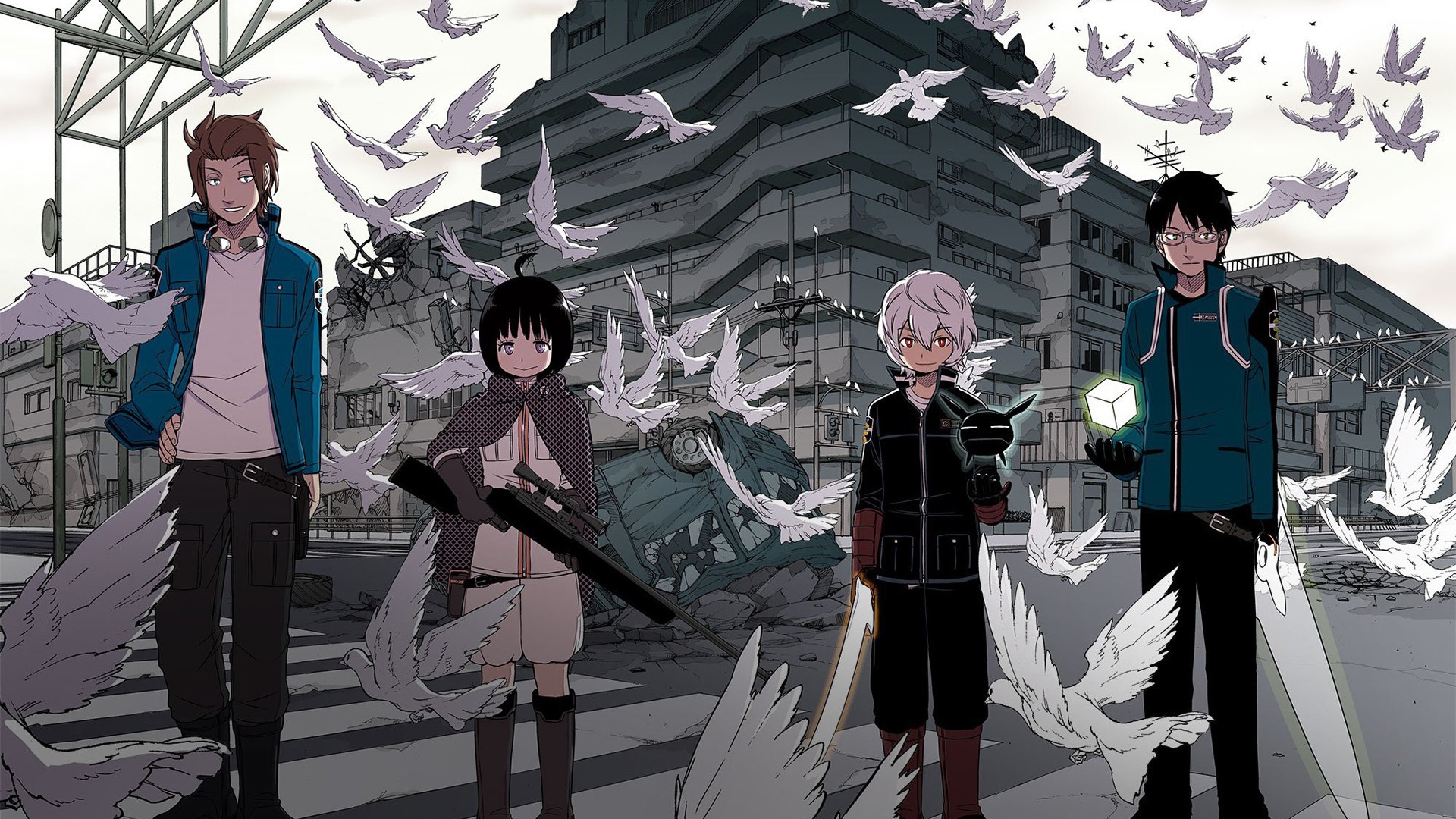 Аниме персонажи с оружием среди голубей