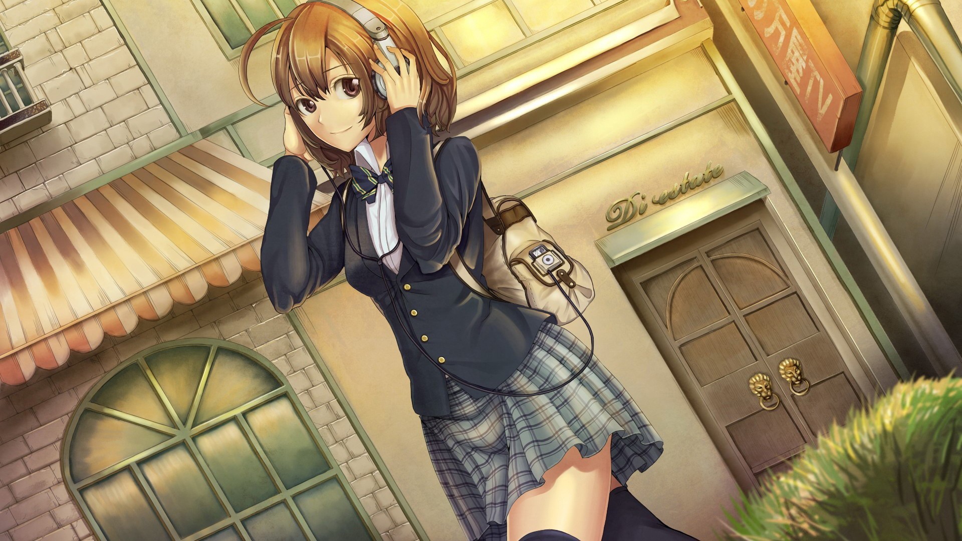 Аниме девушка в наушниках с рюкзаком