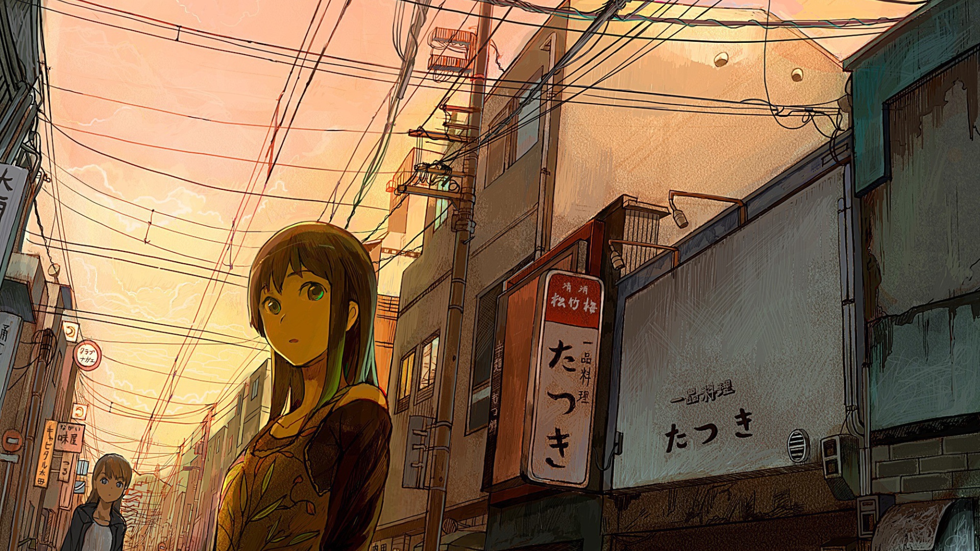 Девушка аниме гуляет по городу