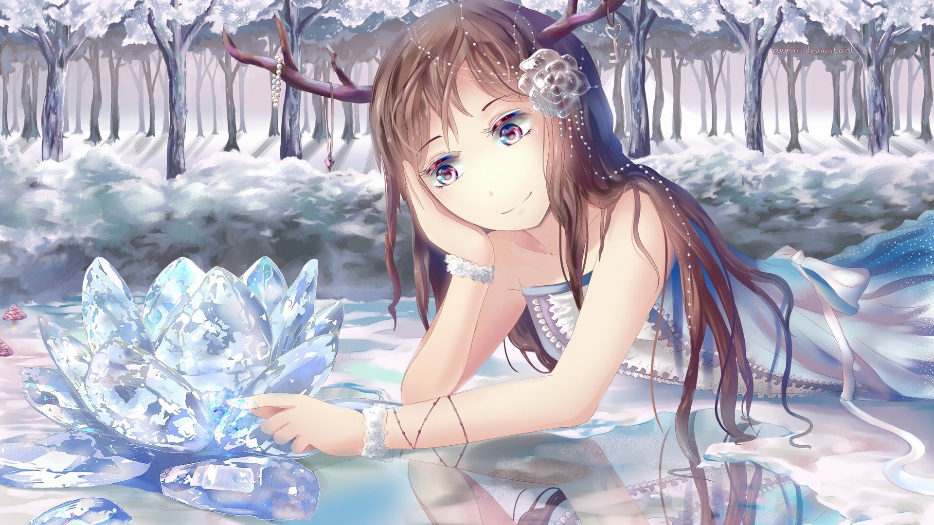 Фея аниме грустит над кристальным цветком