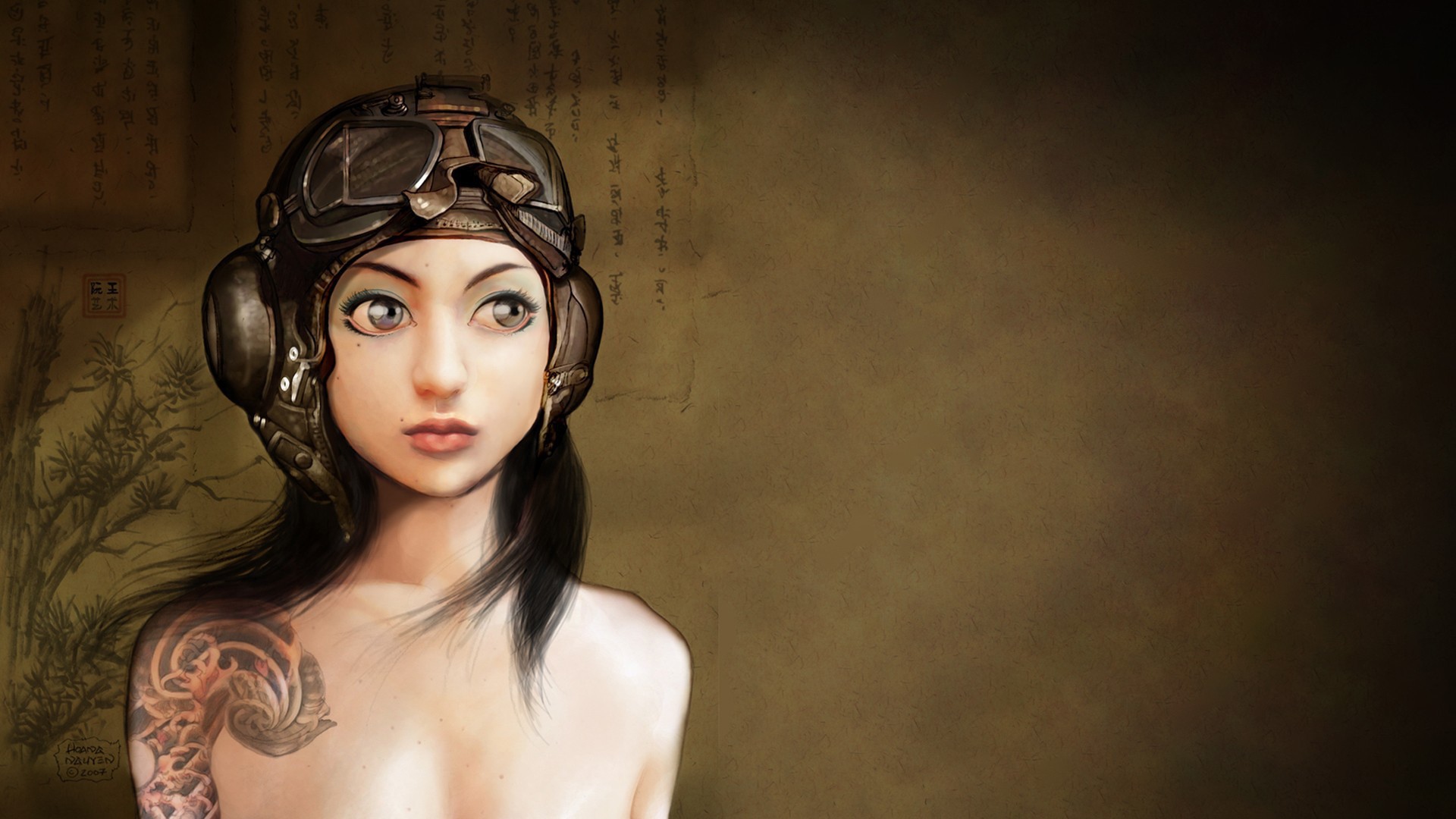 Японская девушка в старом шлеме летчика, рисунок