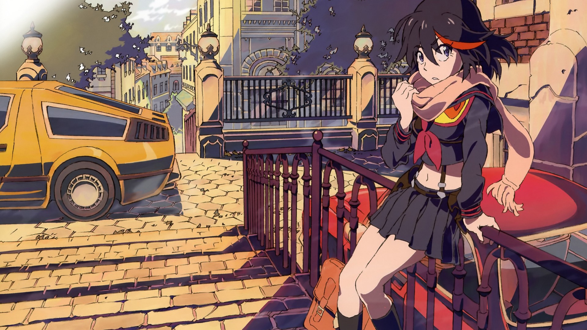 Девушка Матои сидит на заборе, аниме