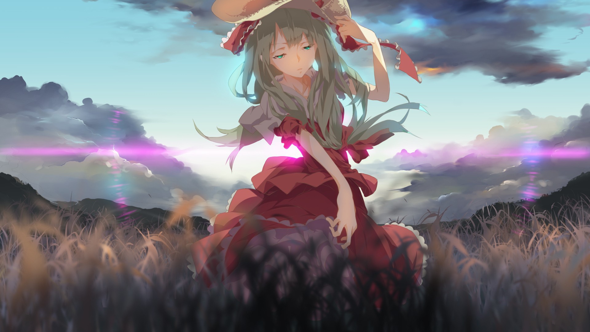 Девушка в шляпе идет по полю, аниме Kagiyama Hina