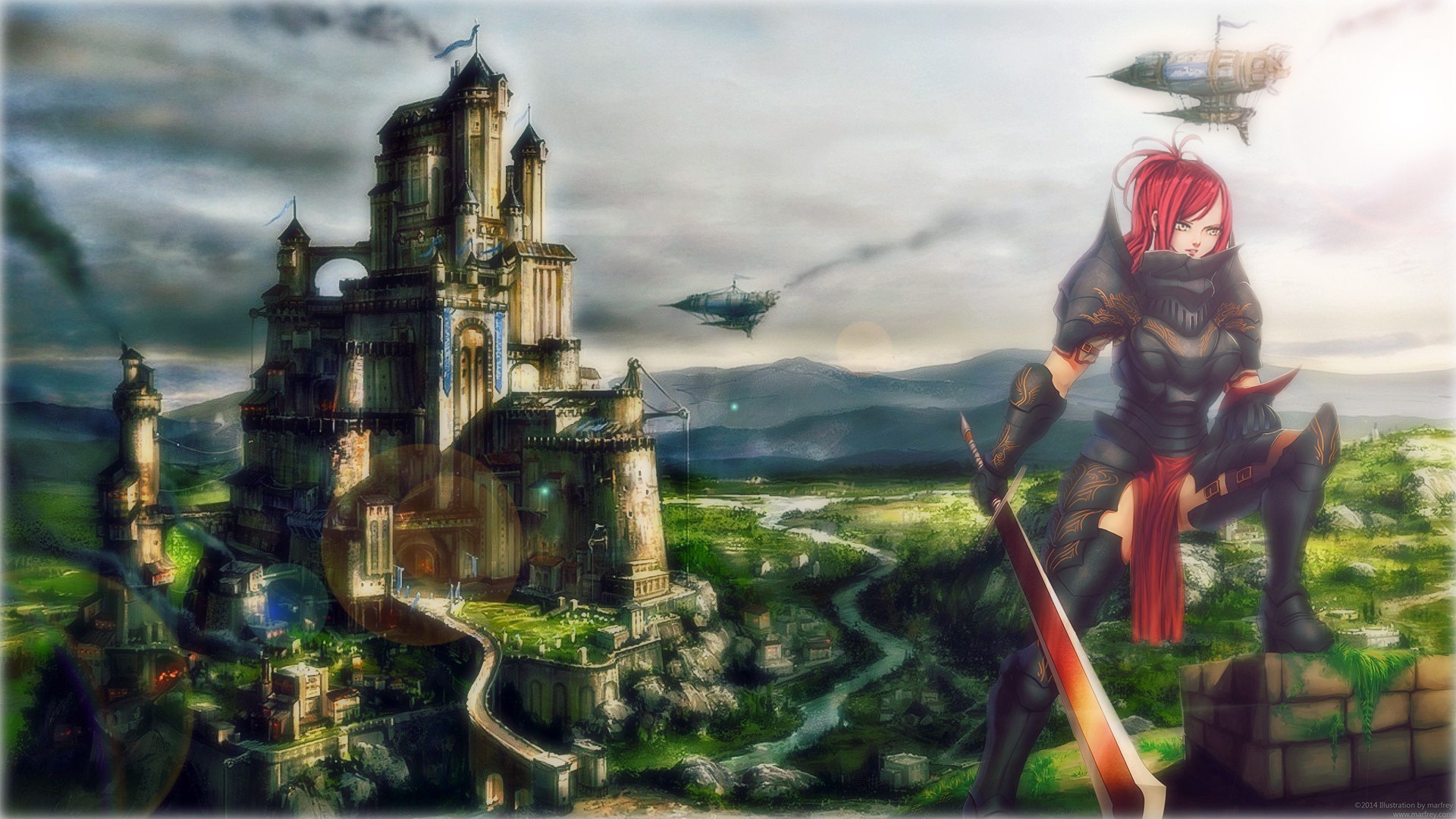 Девушка на фоне замка в аниме Сказка о хвосте феи