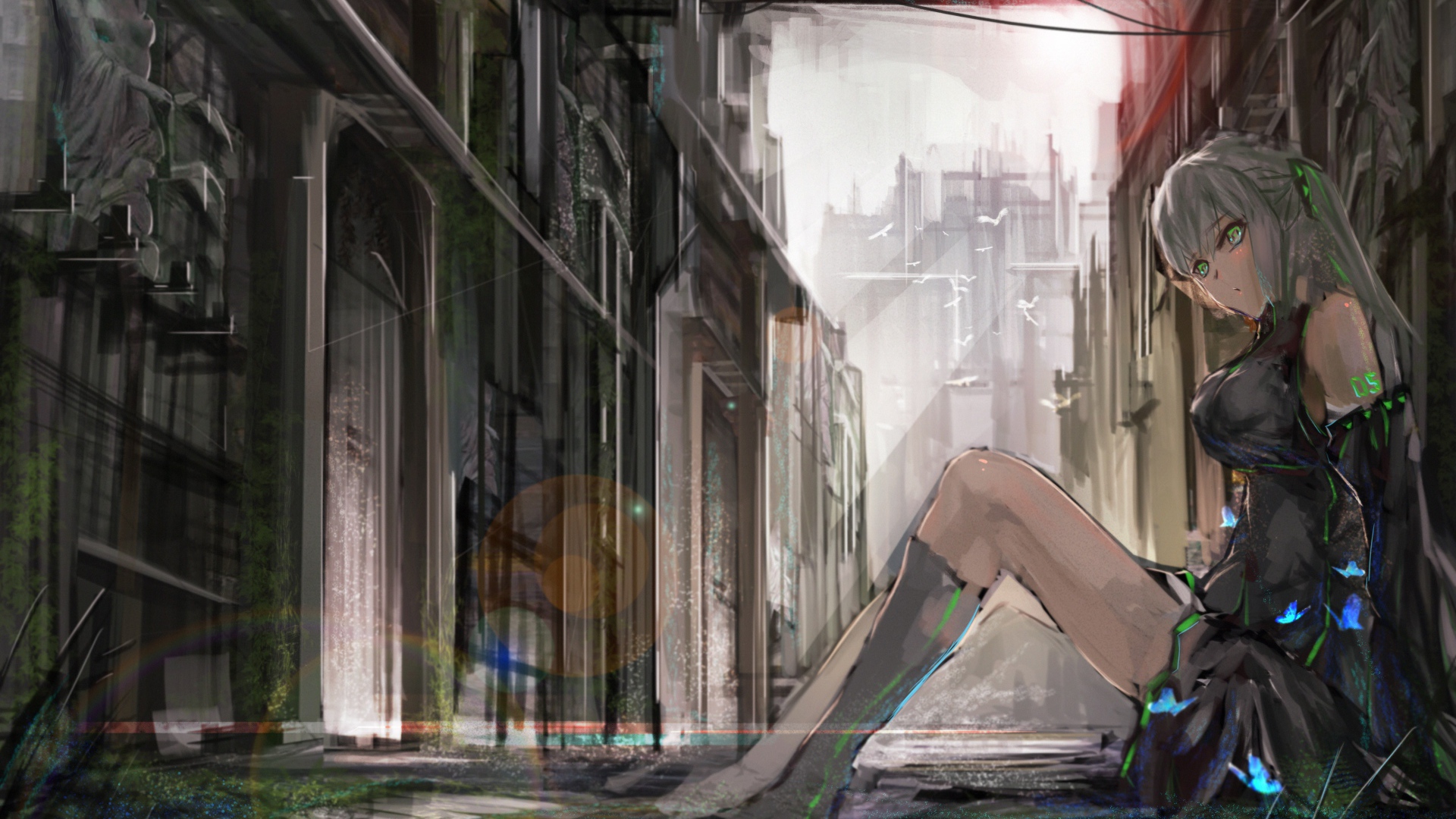 Зеленоглазый Вокалоид сидит у стены на улице