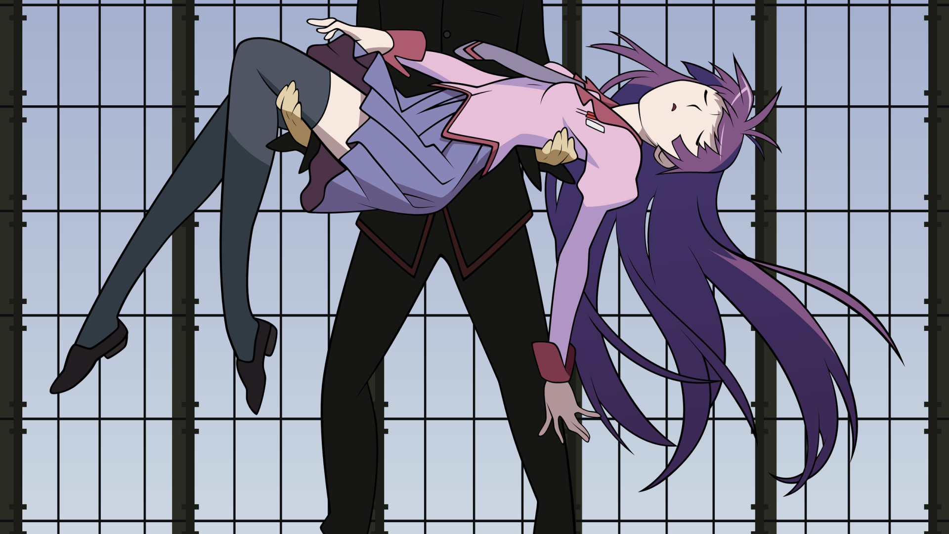 Парень держит девушку на руках в аниме Monogatari Series