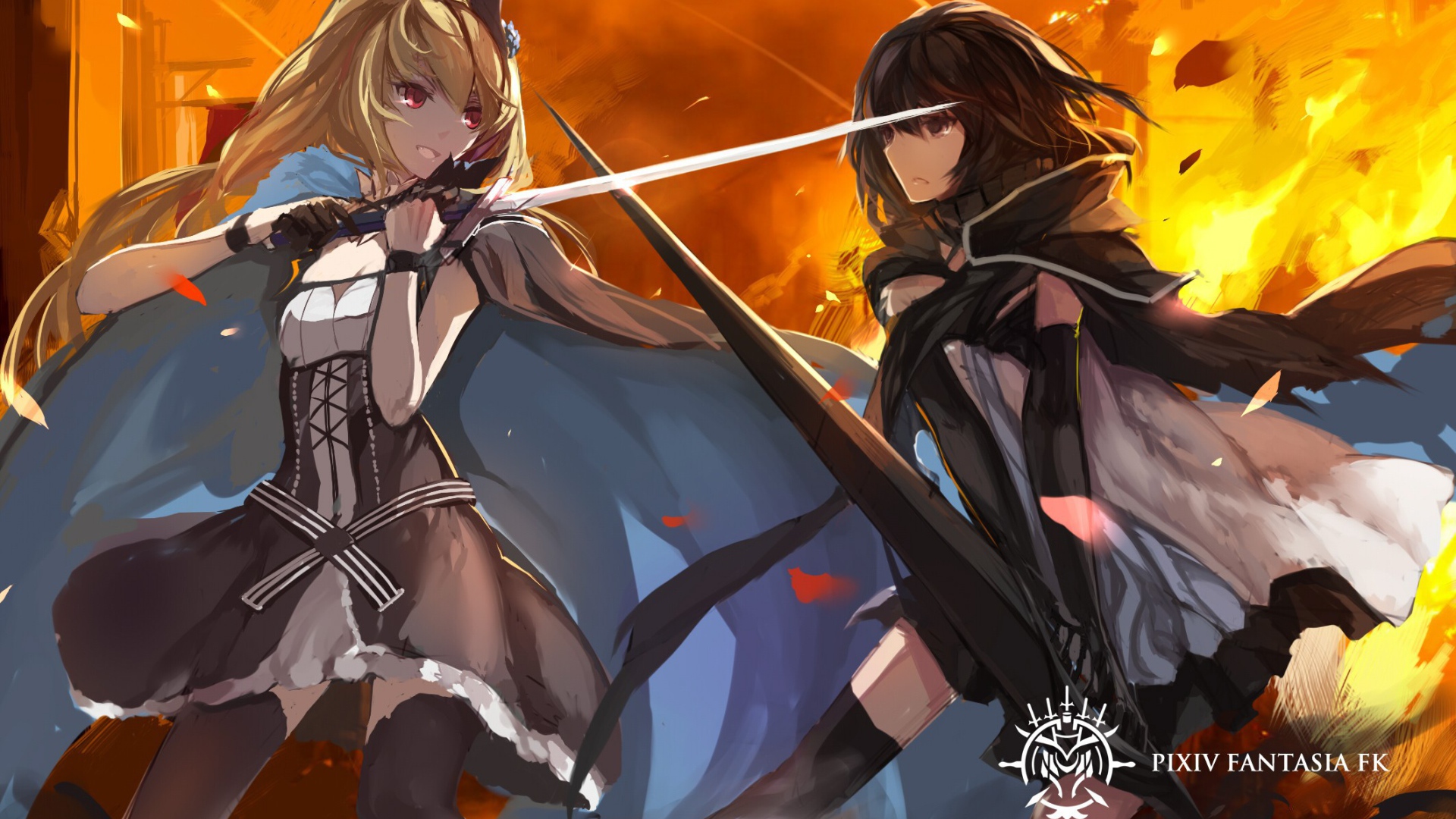 Две девушки на фоне огня, аниме Pixiv Fantasia