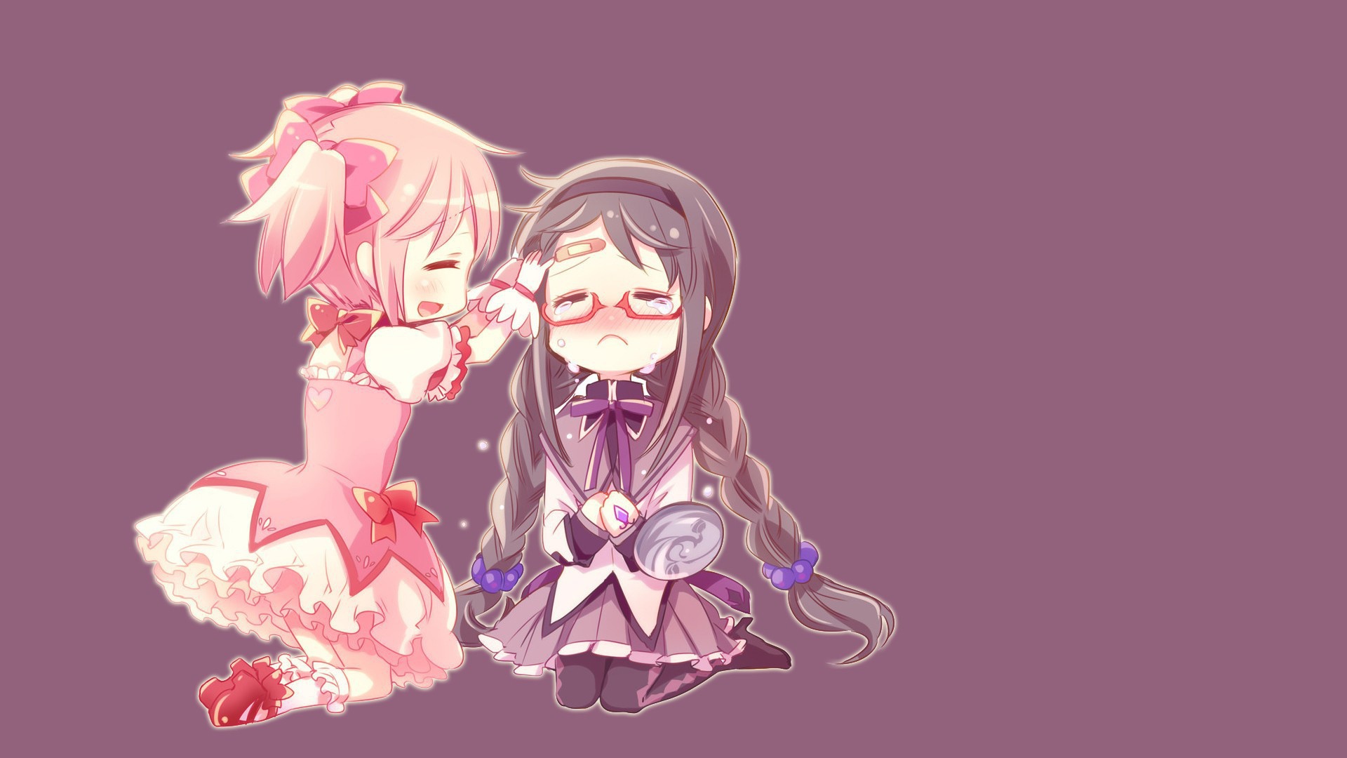 Две девочки на фиолетовом фоне, аниме Девочка-волшебница Мадока