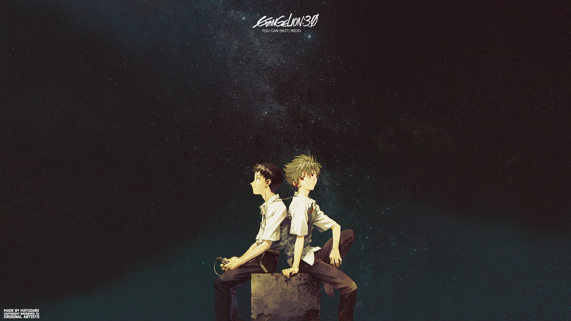 Два парня сидят на камне и слушают музыку, аниме