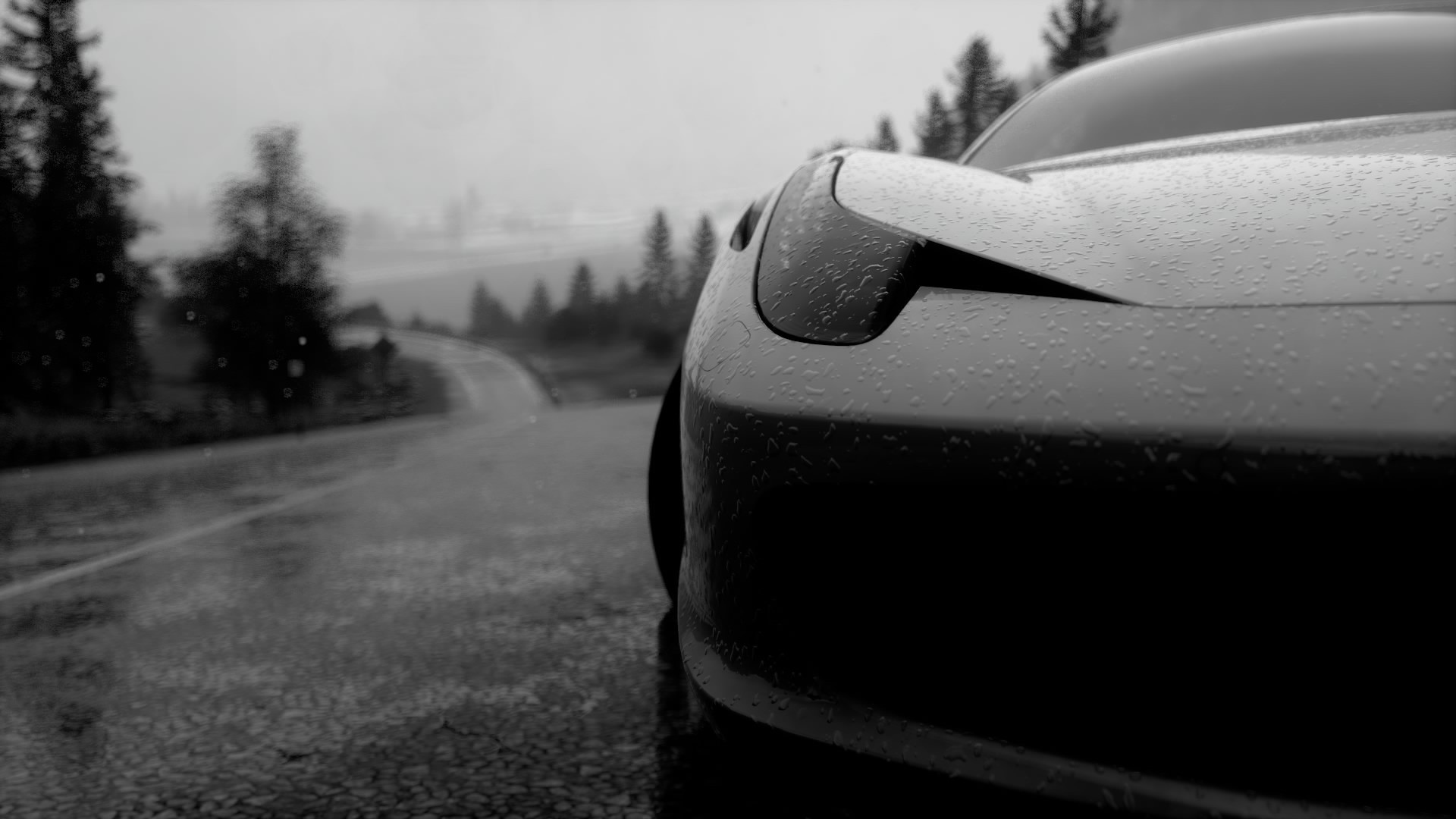 Черно белое фото авто под дождем
