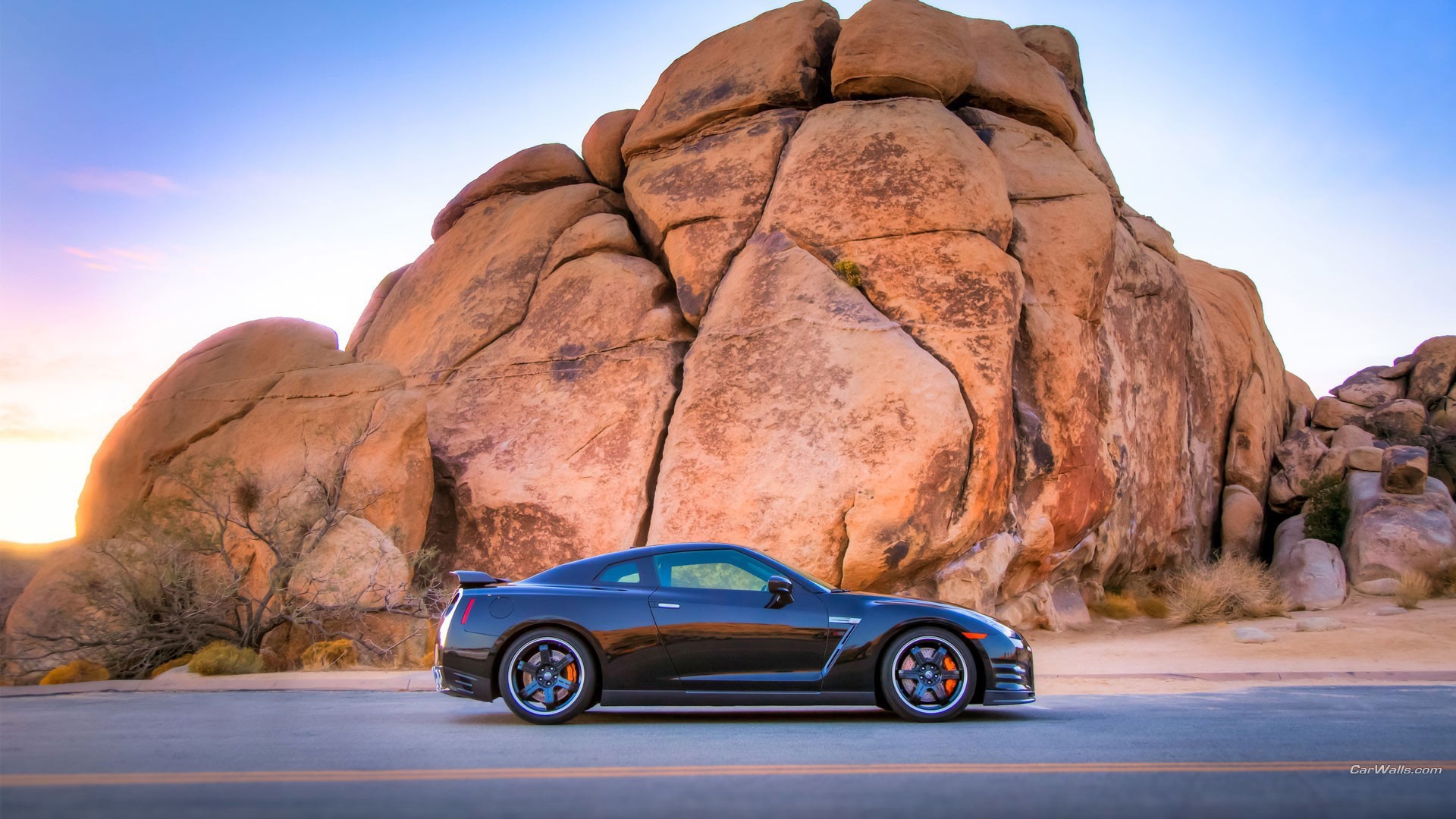 Черный Nissan GT-R у подножия скалы