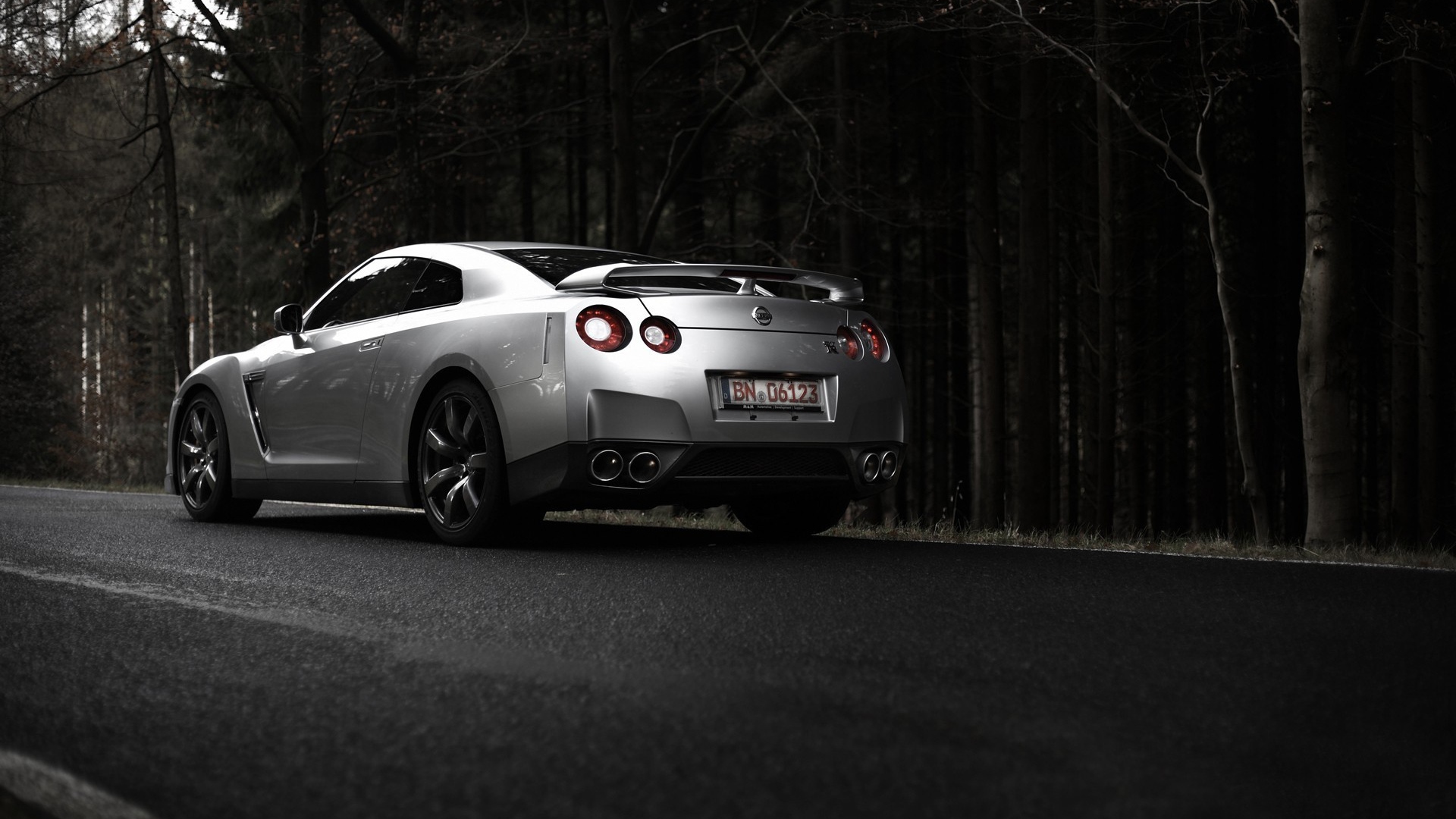 Серебристый Nissan GT-R на фоне темного леса
