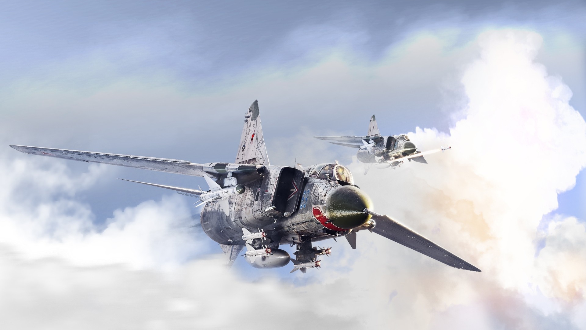 Два истребителя Миг-23 в облаках