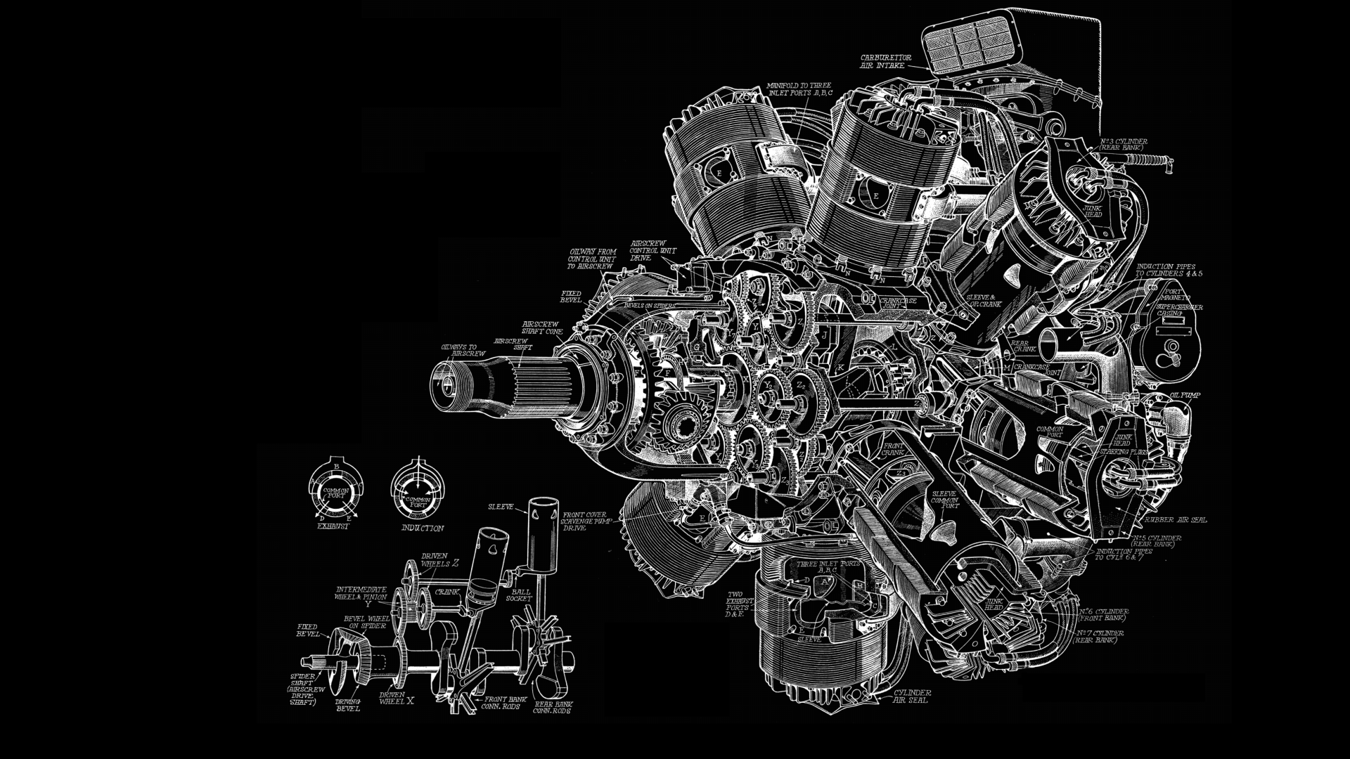 Чертеж мощного двигателя на черном фоне