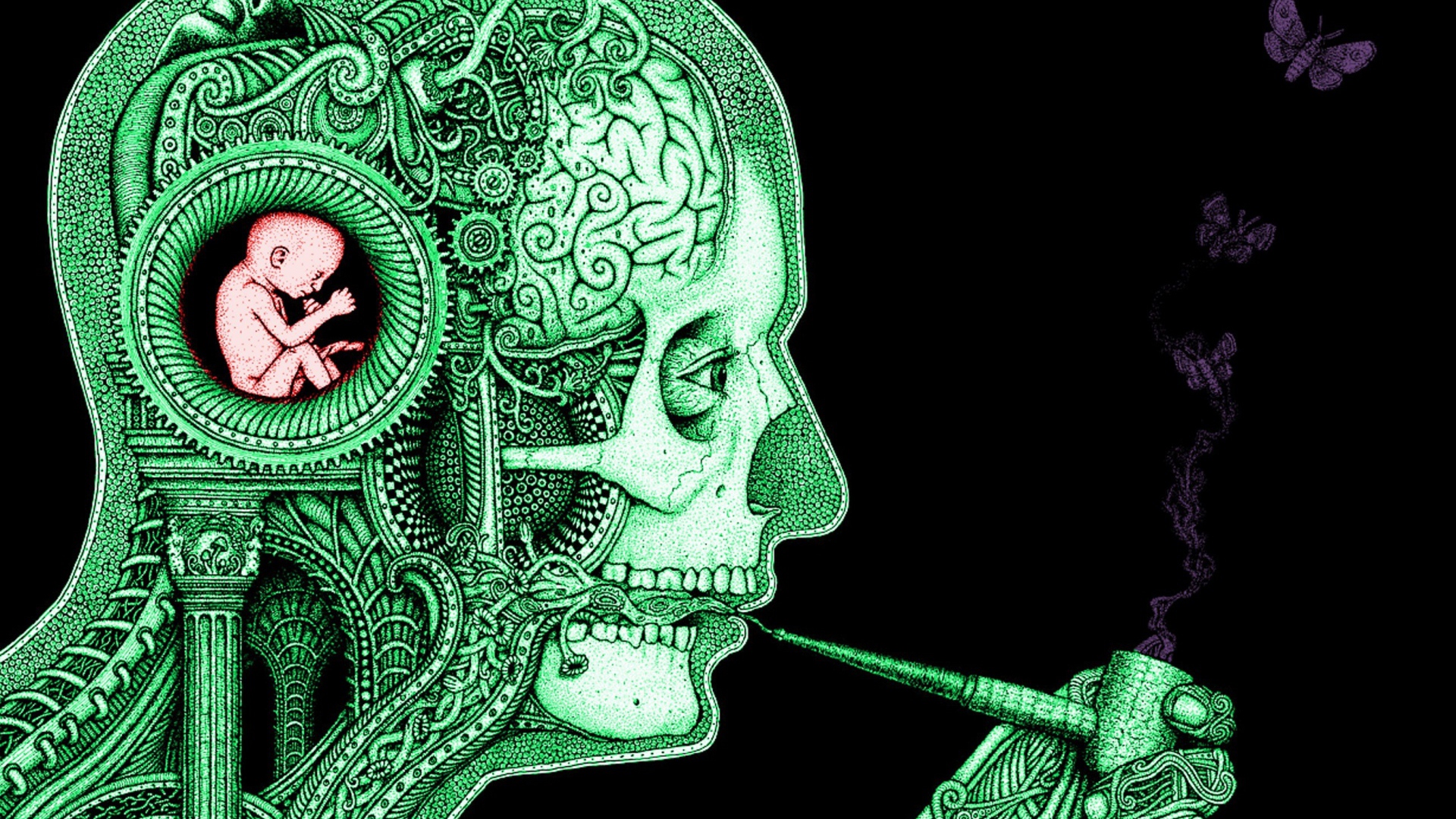 Зеленый силуэт курящего человека на черном фоне