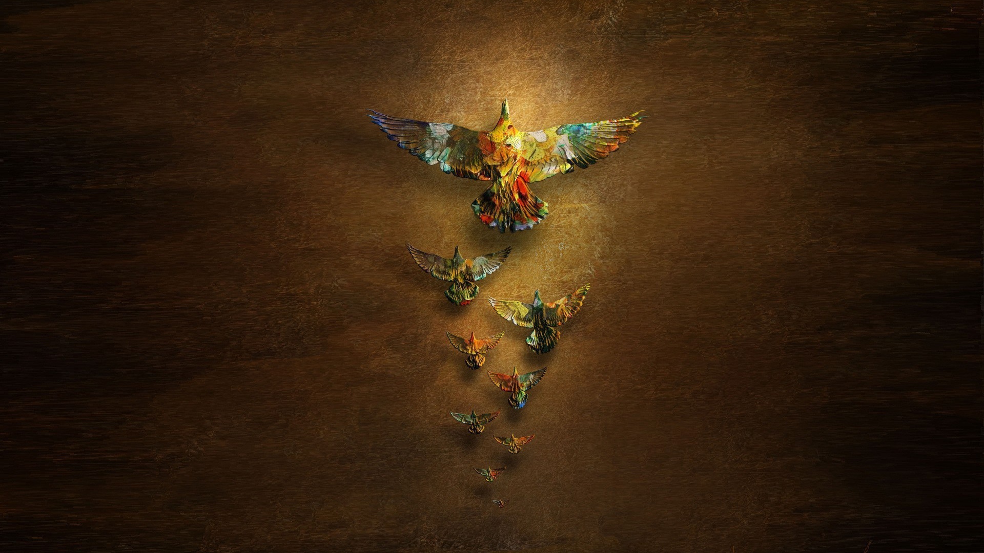 Радужные птицы на коричневом фоне