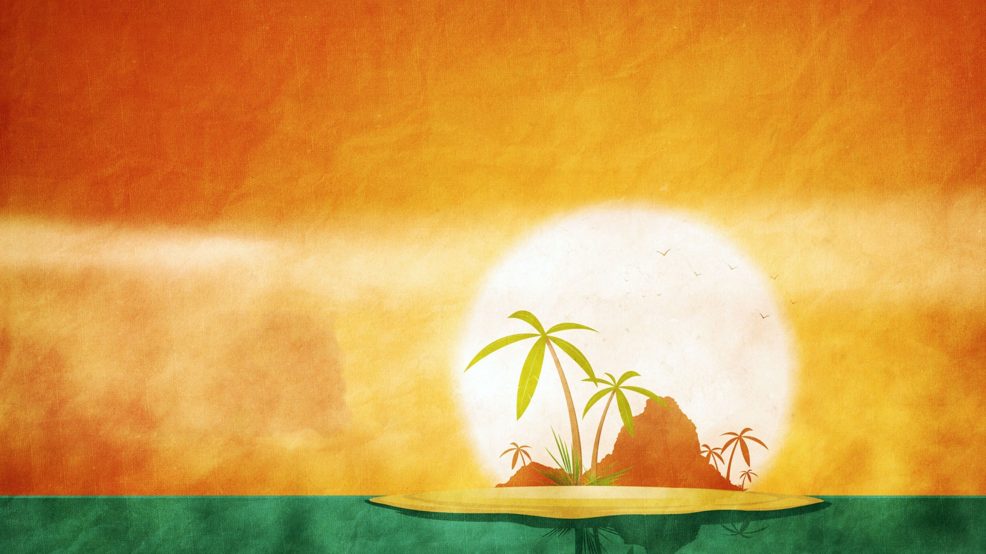 Тропический остров, оранжево зеленый фон