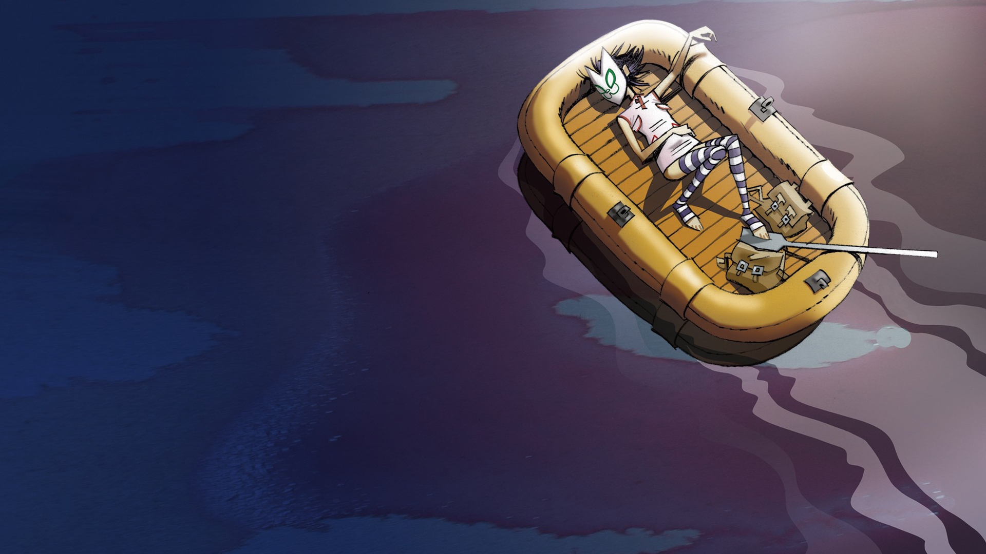 Человек в маске спит в надувной лодке, мультфильм