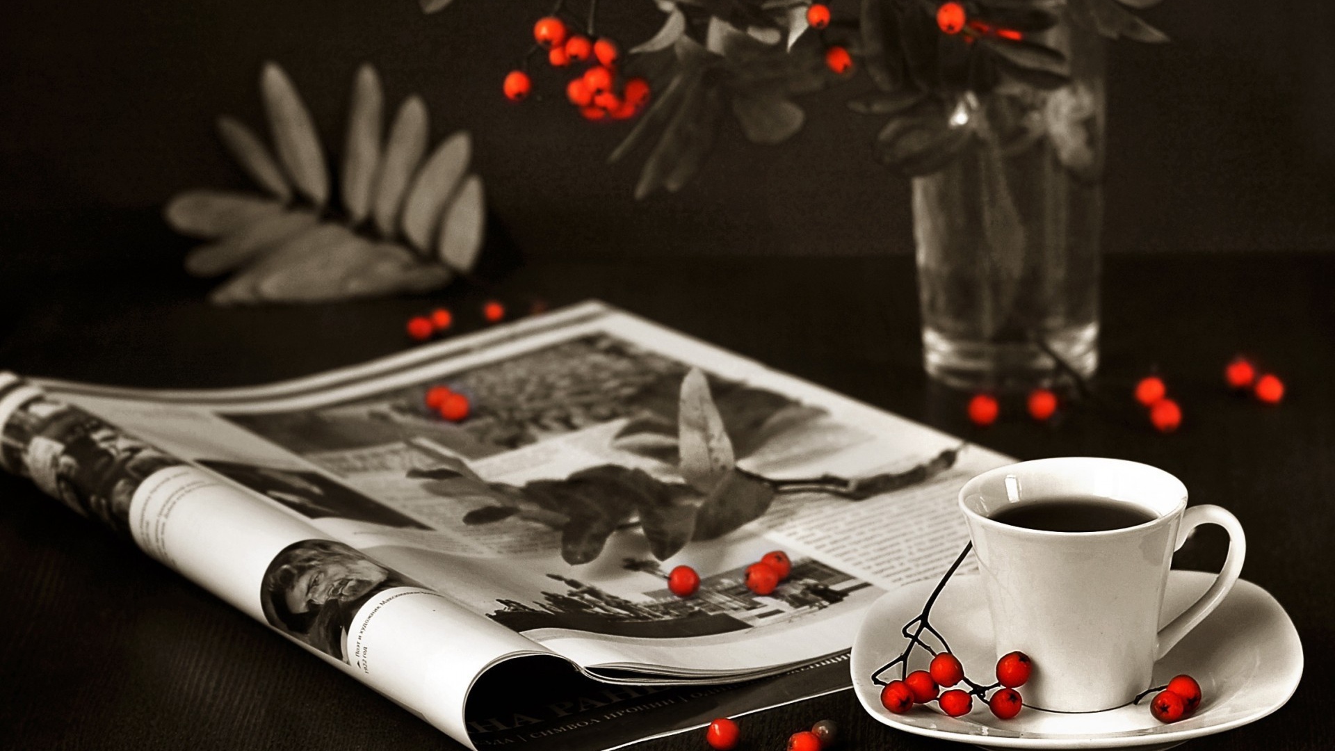 Ягоды рябины на столе и журнале