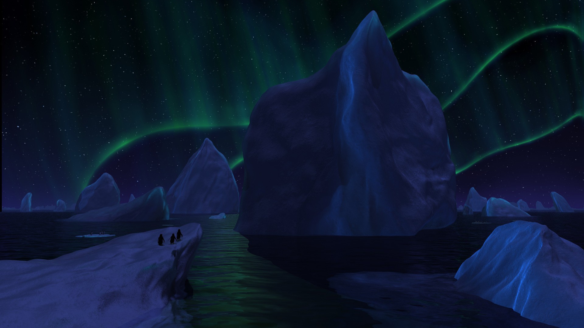 Айсберги под северным сиянием