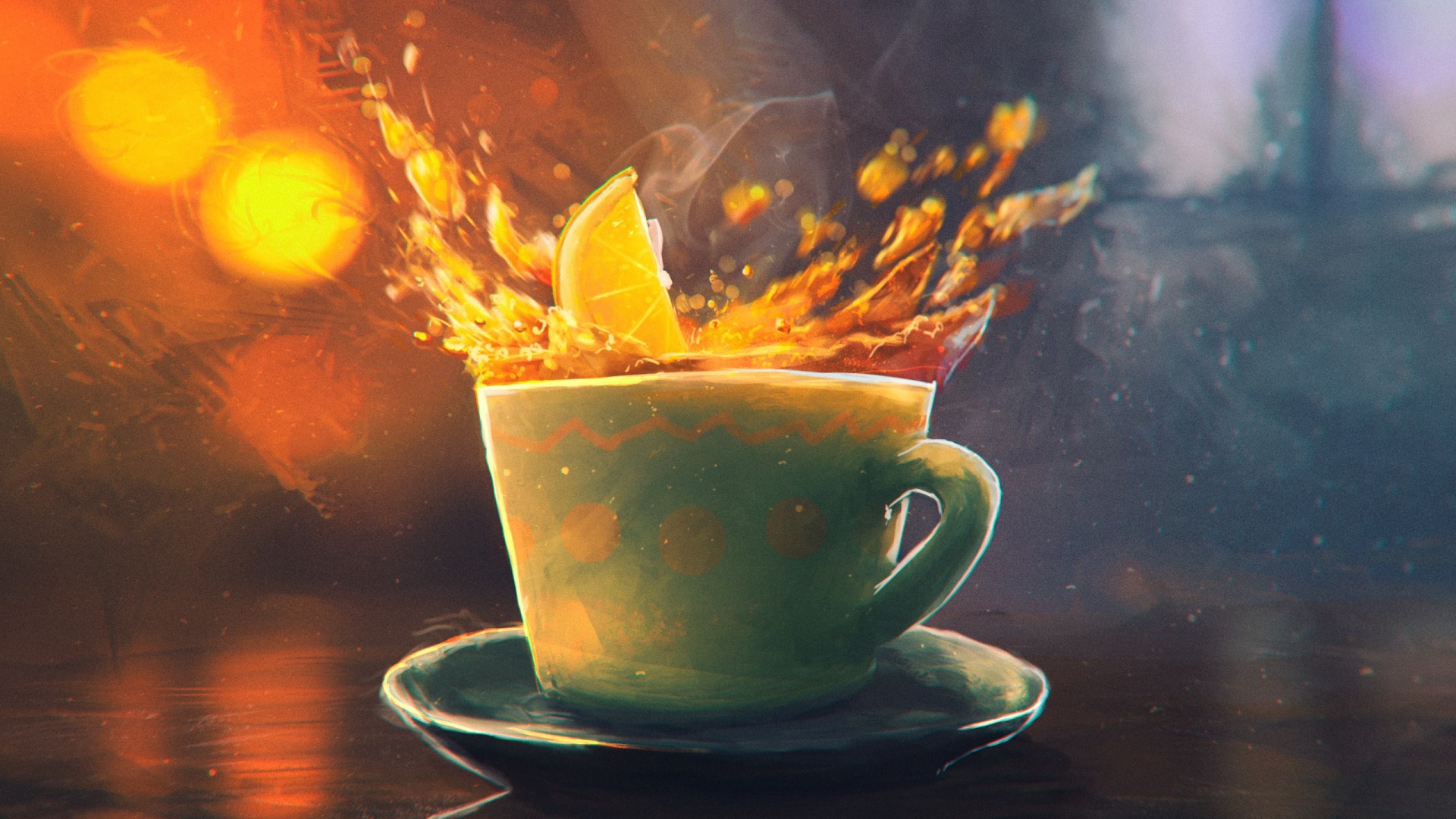 Долька апельсина падает в чашку, рисунок