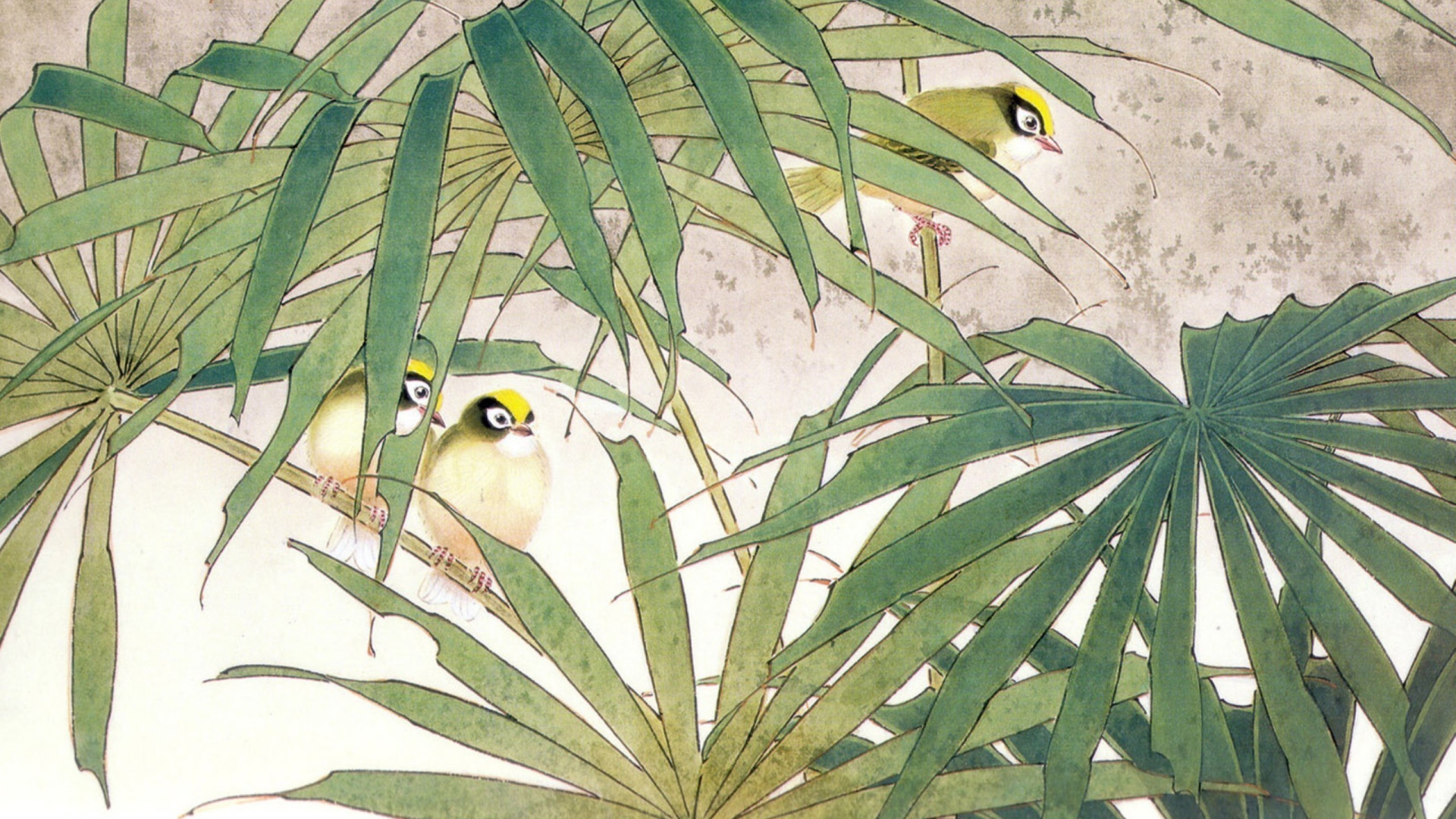 Семья птиц в зарослях, японская живопись