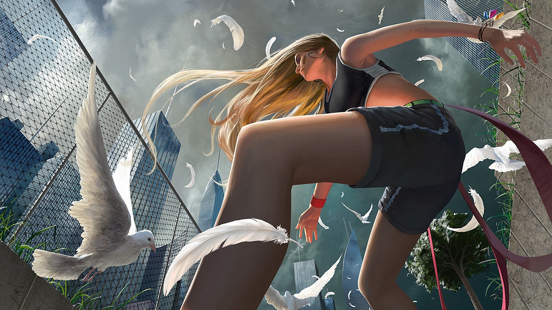 Девушка на площадке среди голубей, рисунок