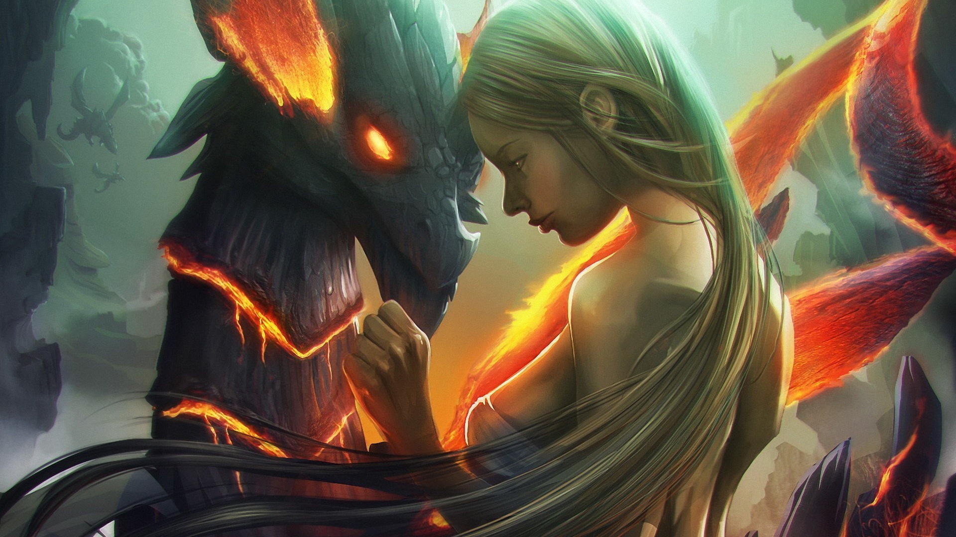 Длинноволосая девушка и дракон