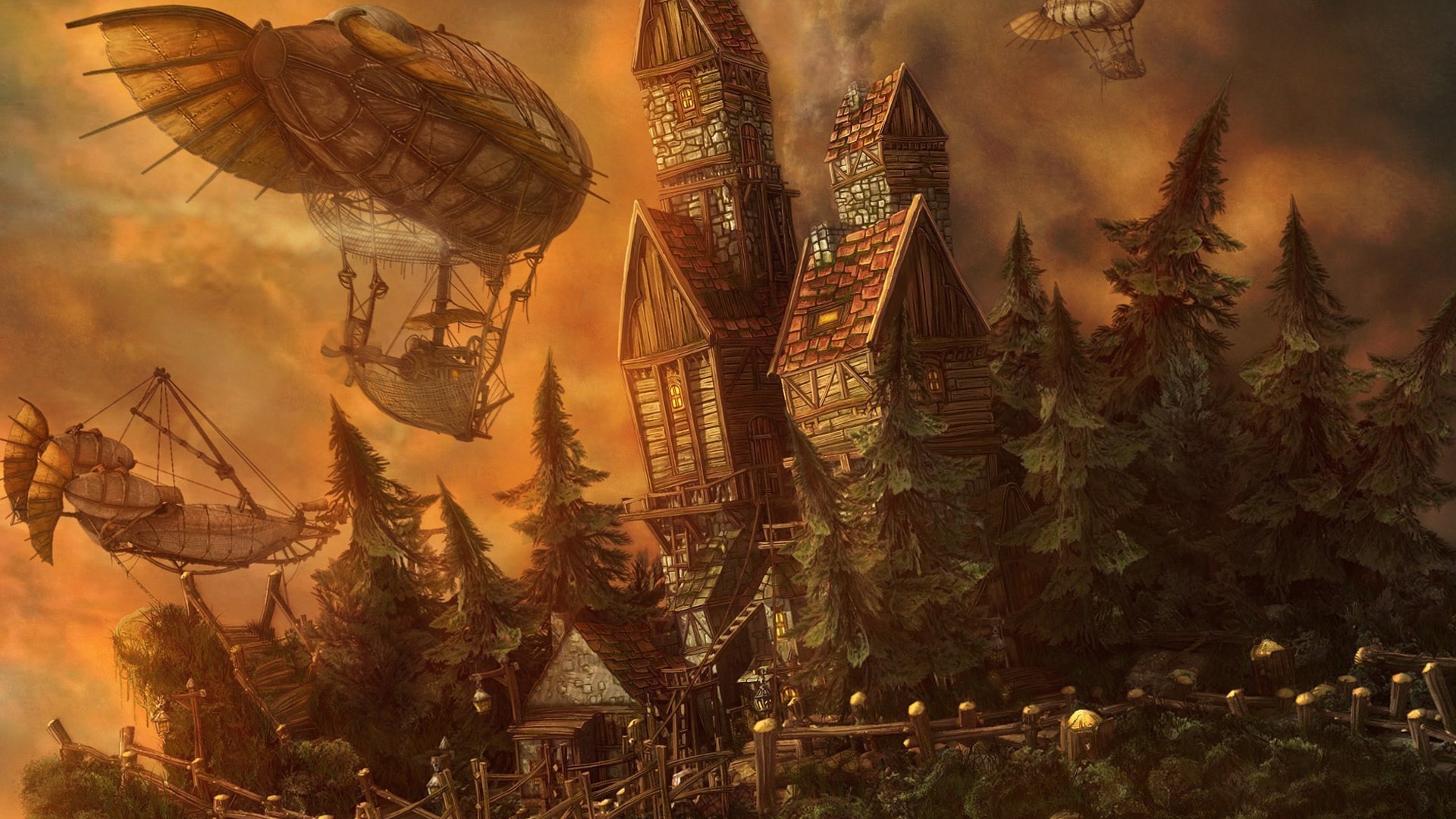 Дирижабли у замка в мире фэнтези