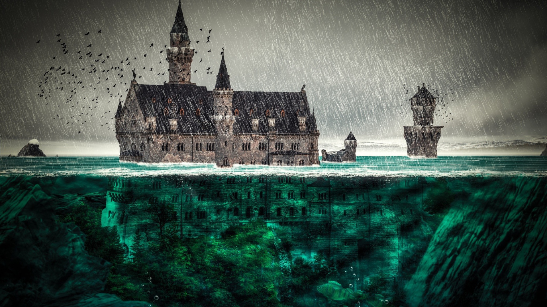 Замок тонет в воде всемирного потопа