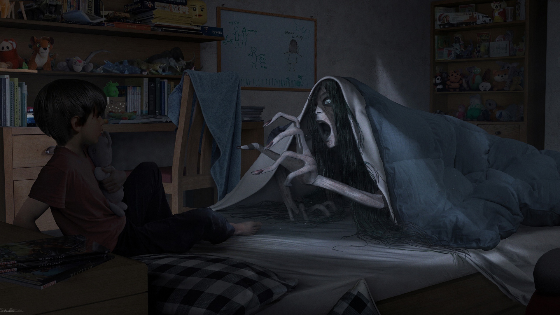 Монстр пугает ребенка