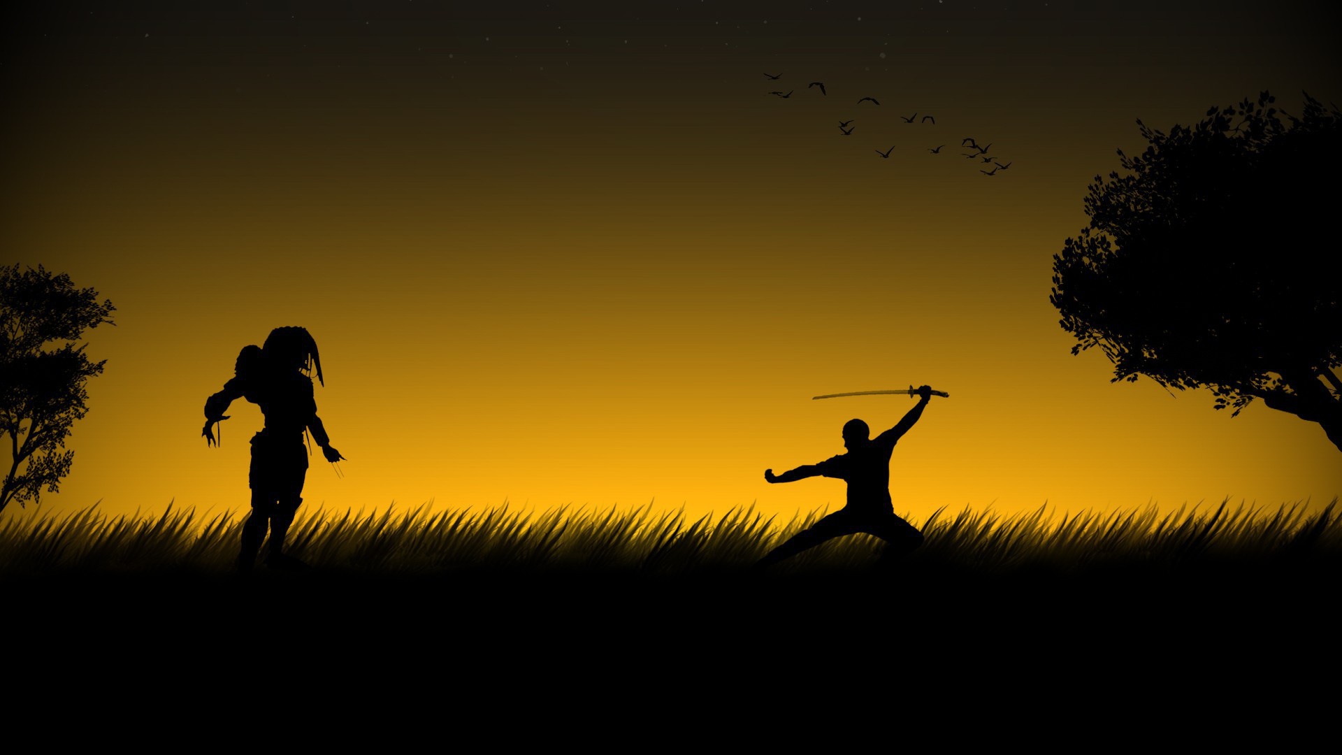 Хищник и Чужой в поле на закате