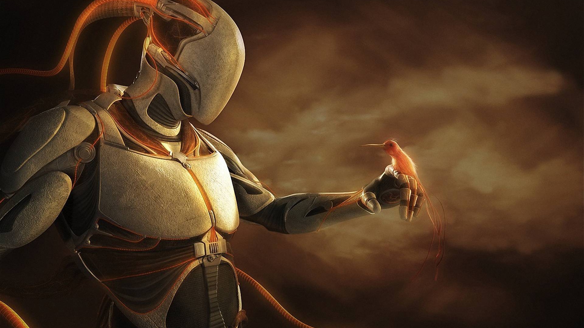 Птица на руке робота пришельца