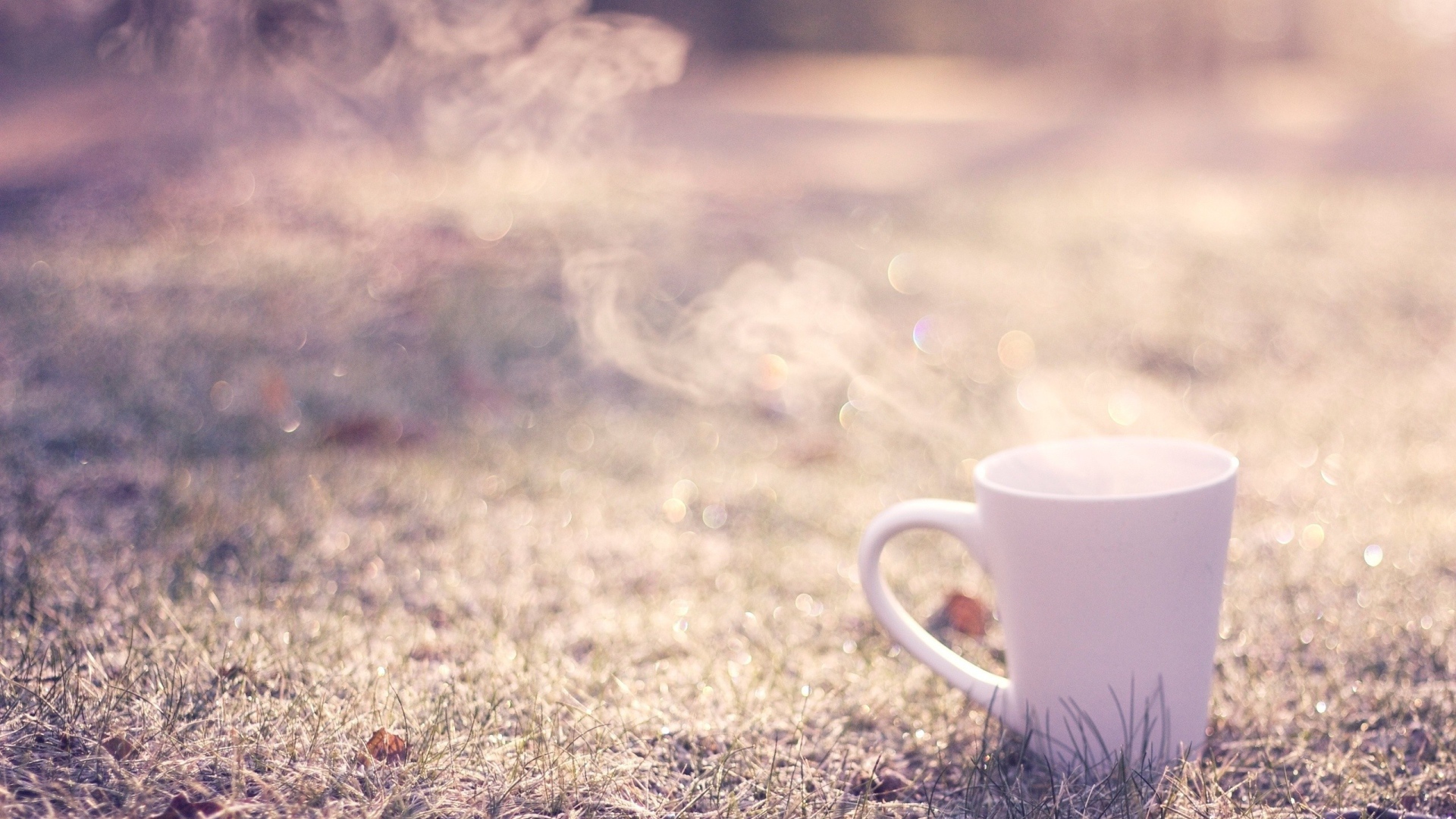 Дымящаяся чашка на траве