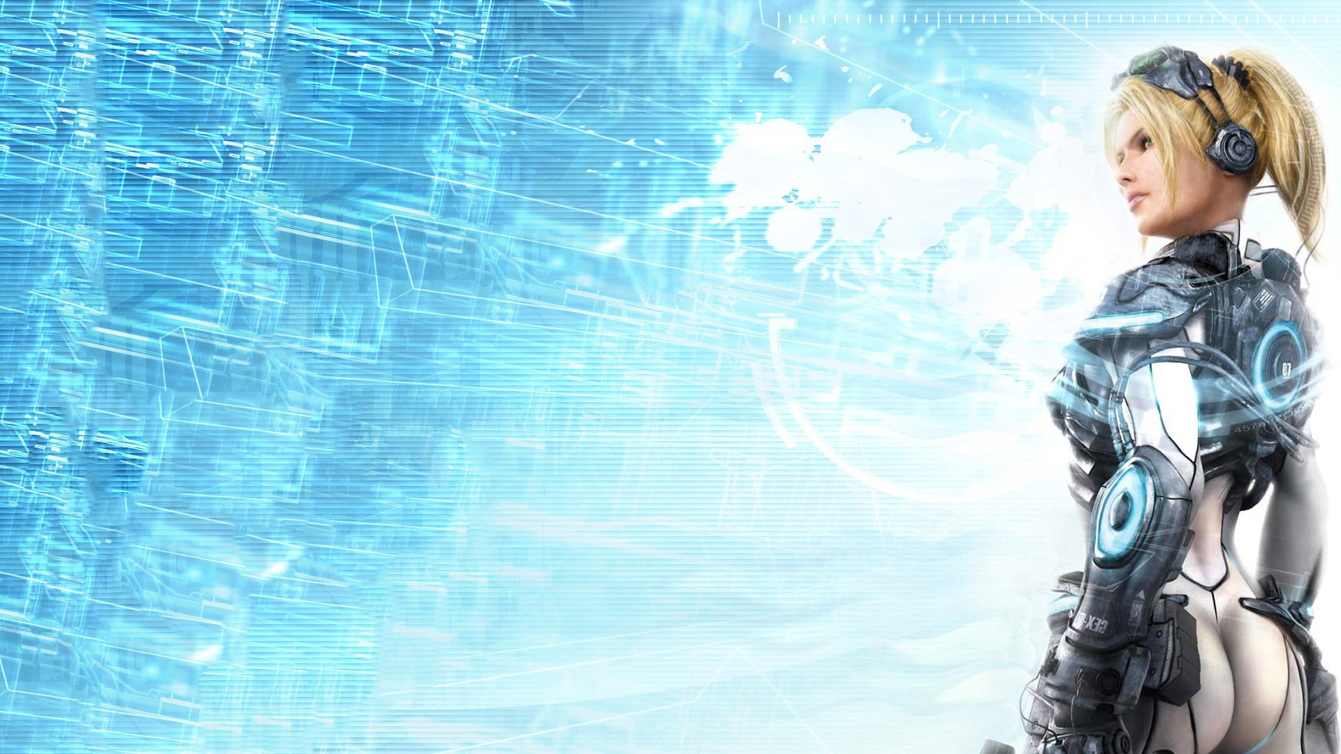 Девушка из игры Starcraft II, голубой фон